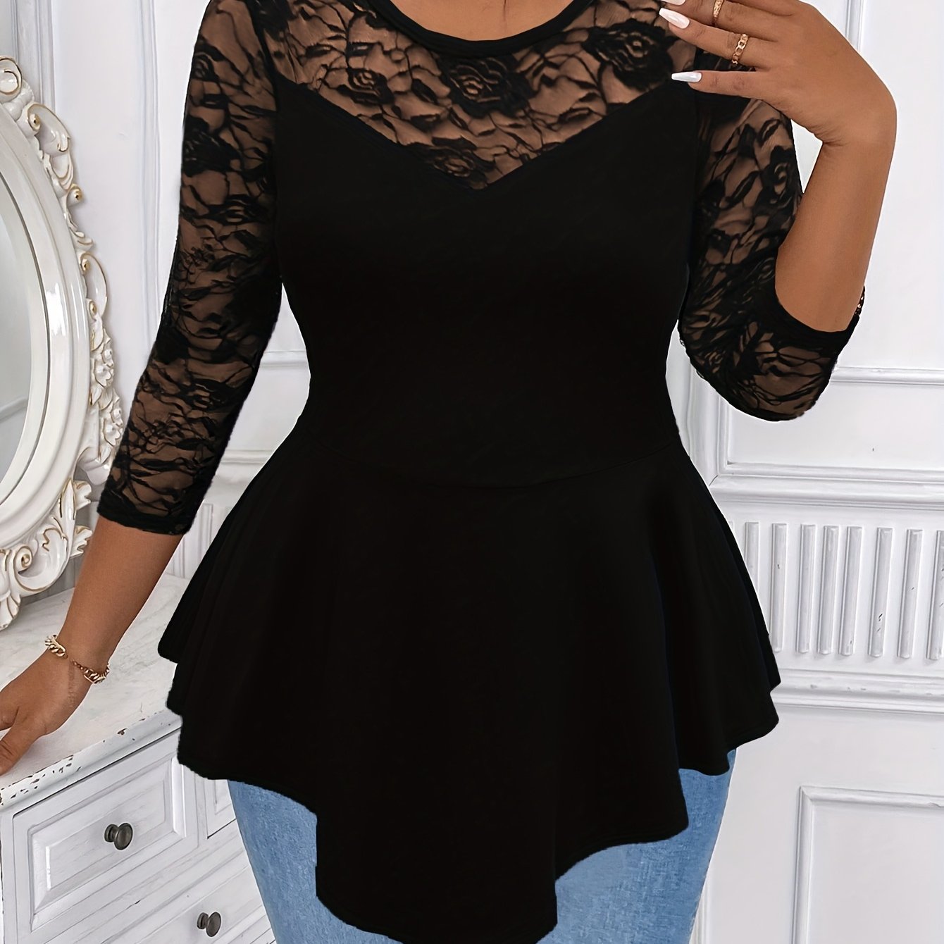 Women'S Irregular Long-Sleeve Top with Floral Lace And a Round Neckline.