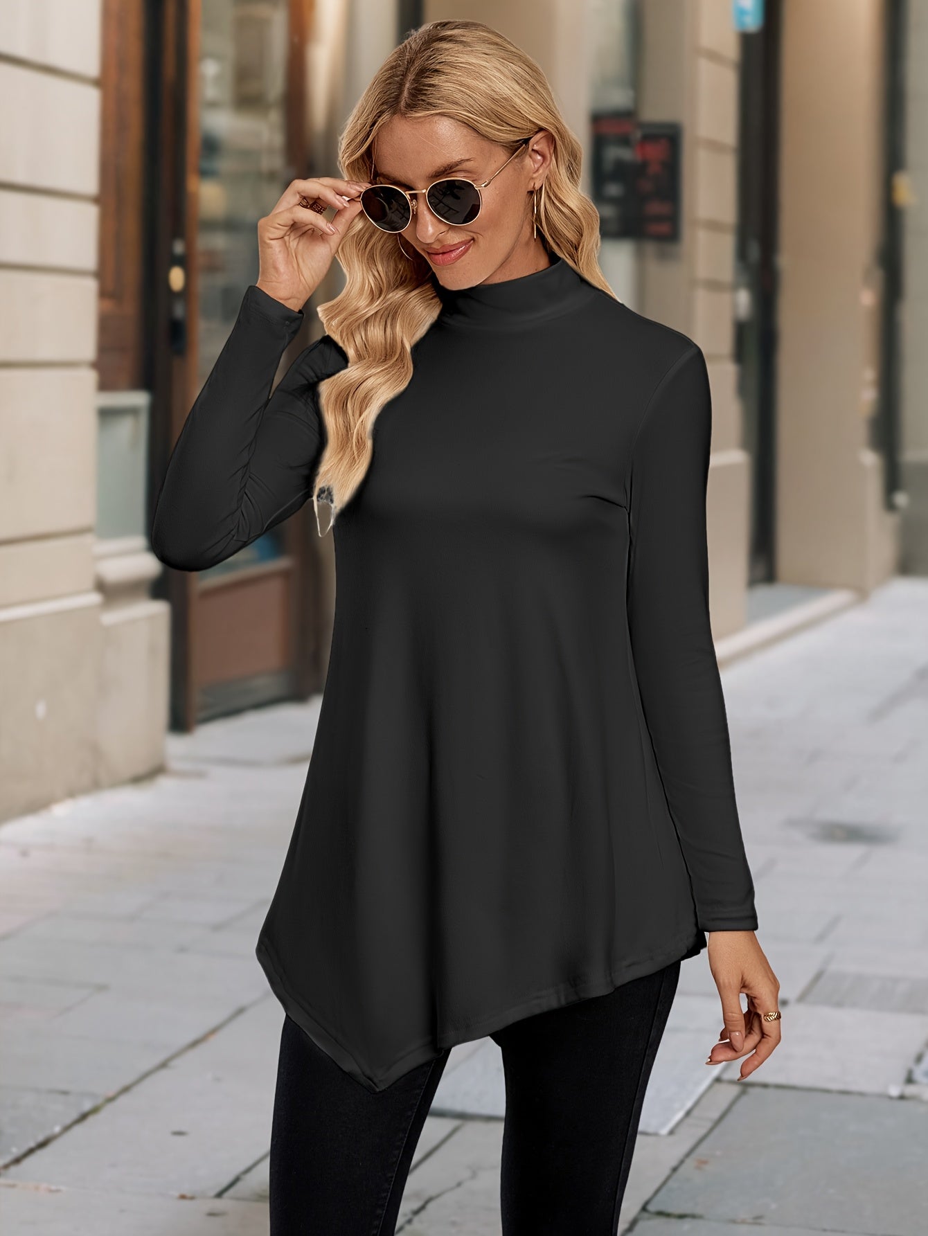 Women's High-Neck Asymmetrical Hem Long Sleeve Top - Stretchy Solid Color Casual Chic Shirt, All-Season Machine Washable & Dry Cleanable, Everyday Fashion, Highneck Design, Stretchy Fabric