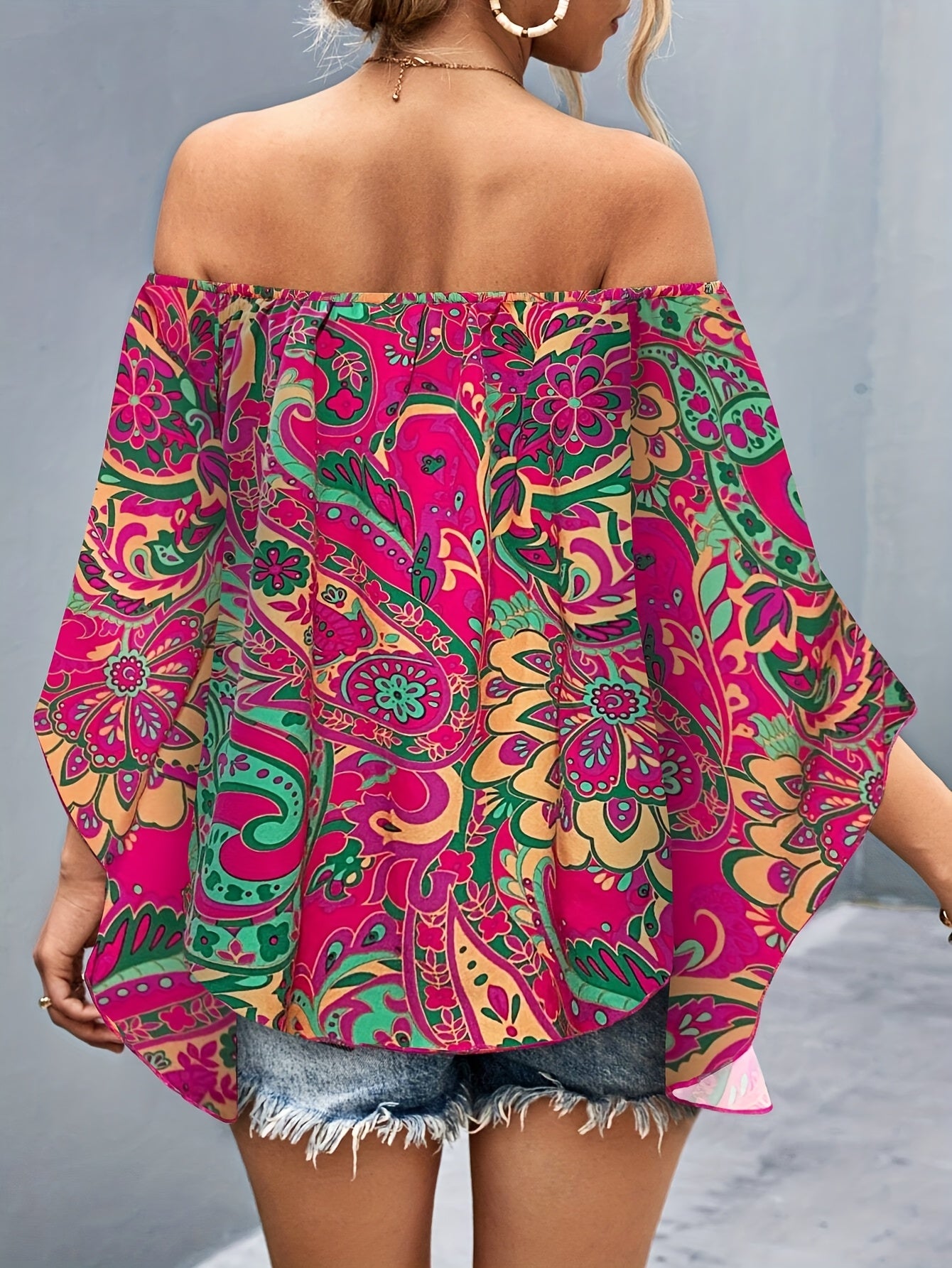 Women'S Off-Shoulder Floral Print Blouse - Vibrant Pink & Green Tropical Design, Ruffled Sleeves, Lightweight Polyester, Perfect for Summer Casual Outings, Ladies Blouses