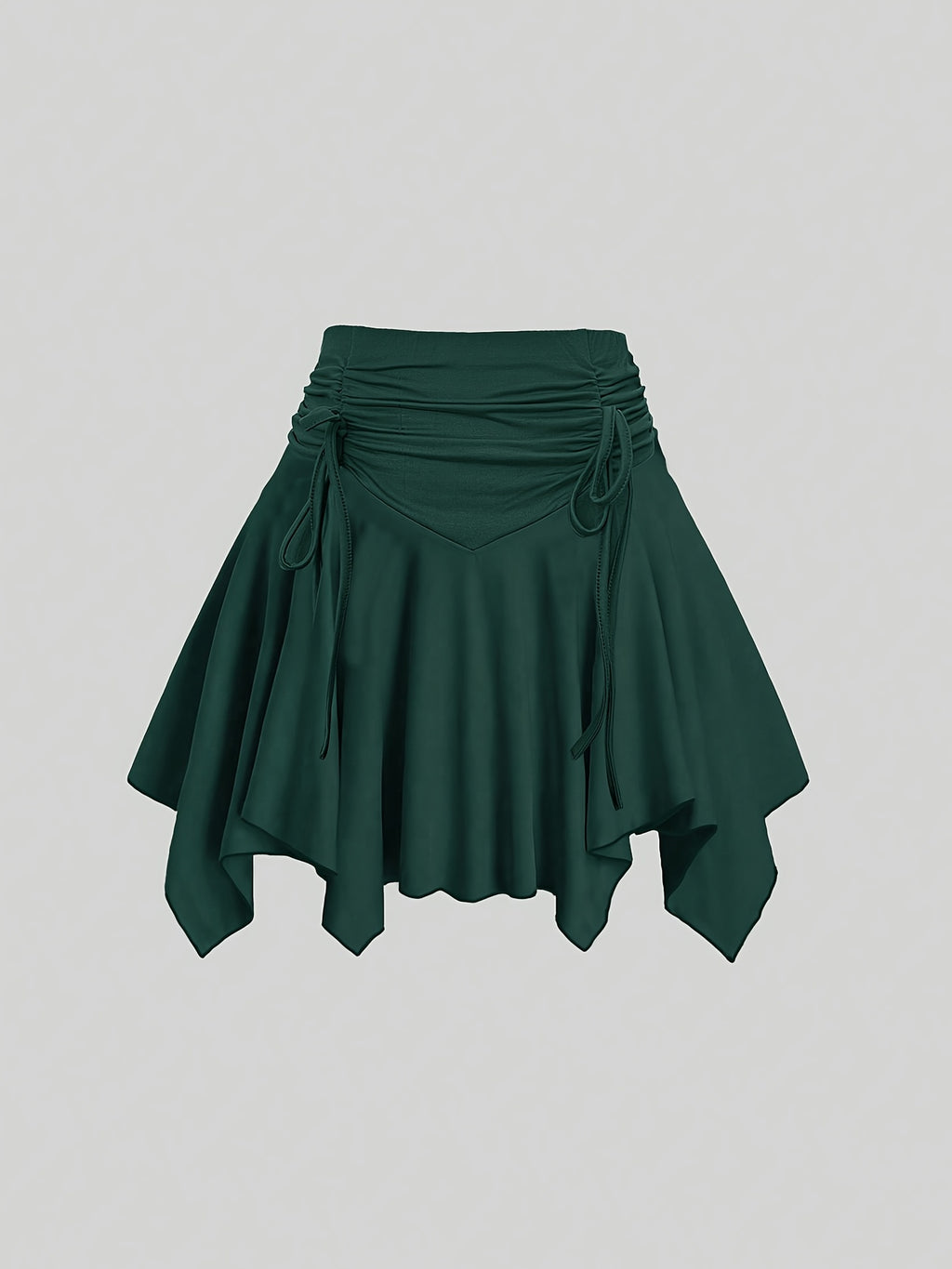 Women's Elegant High-Waist Pleated Mini Skirt with Asymmetrical Hem - Dark Green, A-Line Silhouette, Faux Drawstring Detail, Stretchy & Machine Washable for Spring\u002FSummer, Casual Wear | Smooth Texture