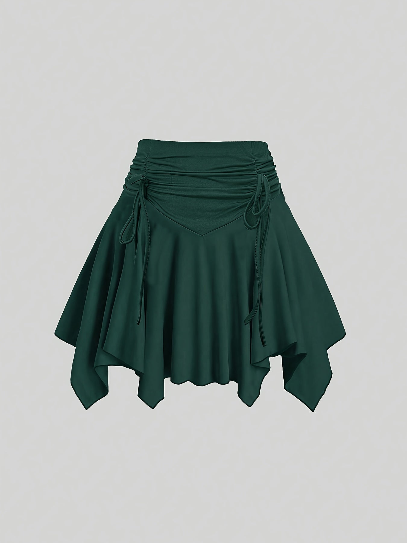 Women's Elegant High-Waist Pleated Mini Skirt with Asymmetrical Hem - Dark Green, A-Line Silhouette, Faux Drawstring Detail, Stretchy & Machine Washable for Spring\u002FSummer, Casual Wear | Smooth Texture