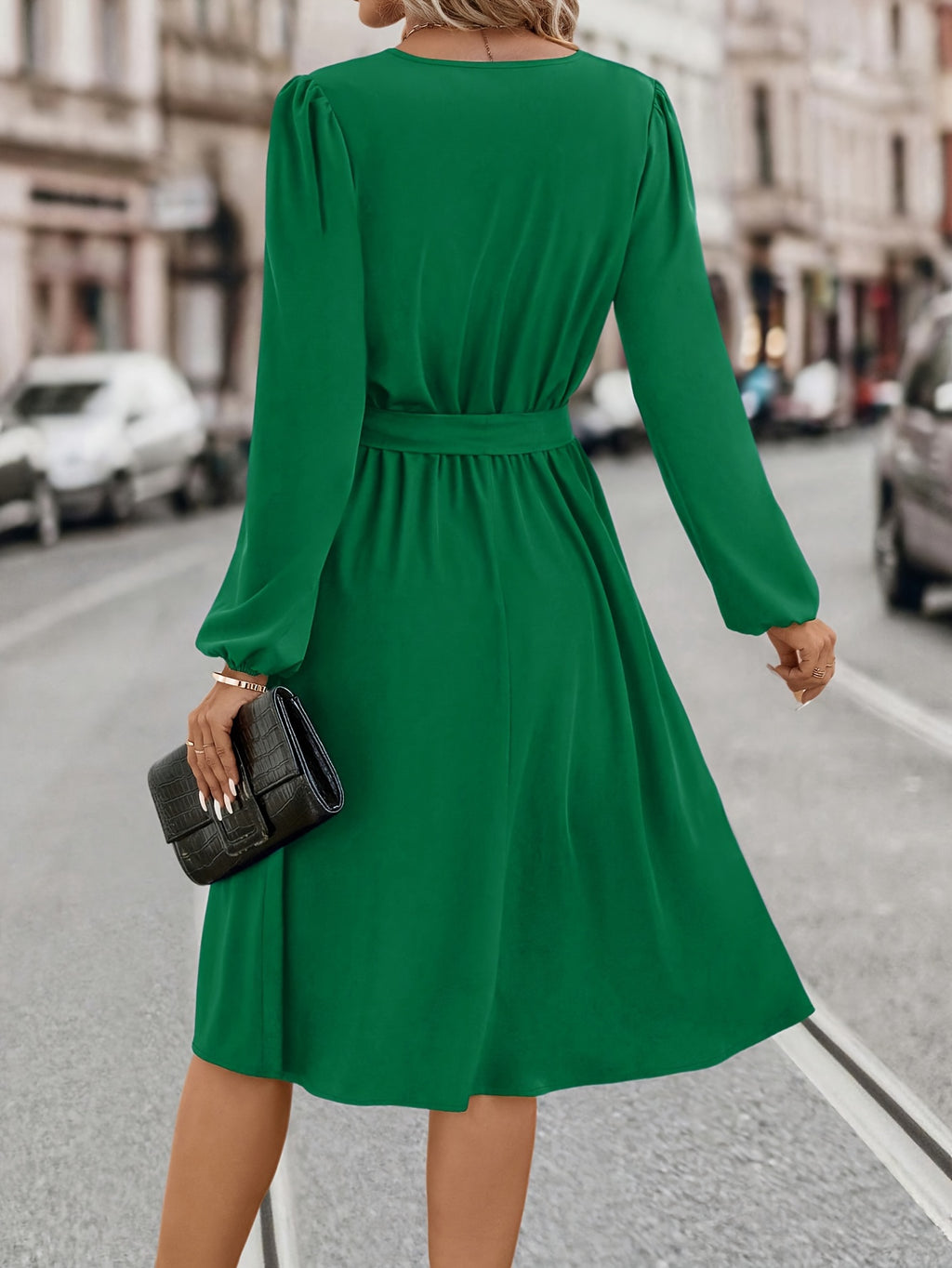 Women's Elegant V-Neck Long Sleeve Dress with Front Bow Detail - A-Line Midi Dress in Vibrant Green, 100% Polyester, Machine Washable, All-Season Versatile Wear