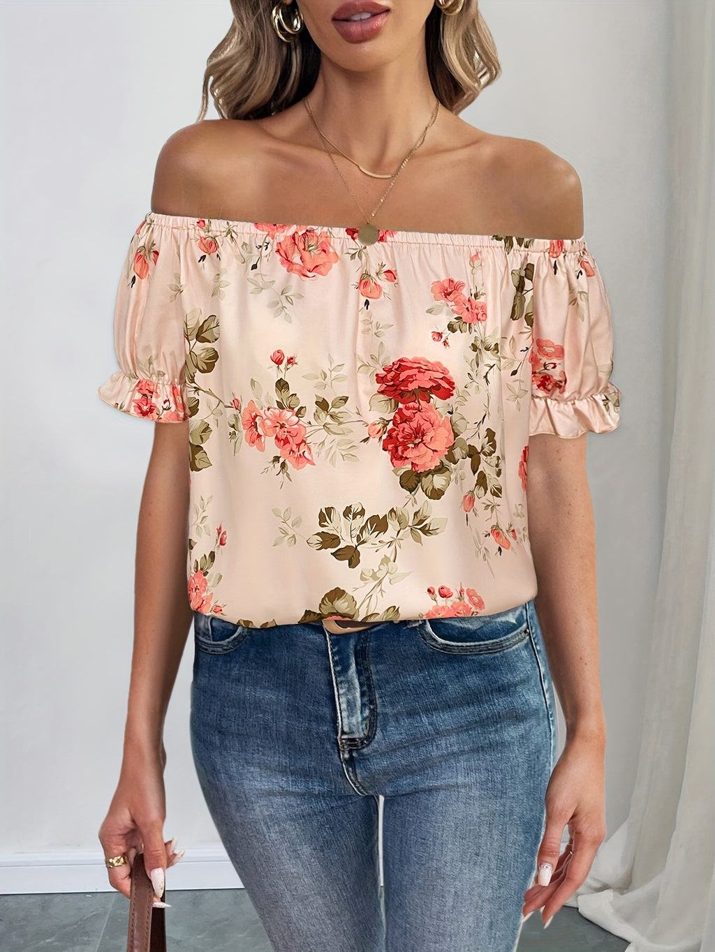 Women's French-Inspired Off-the-Shoulder Top - Elegant Ruffled Short Sleeve Blouse with Floral Print, Lightweight 100% Polyester, Machine Washable for Spring\u002FSummer Casual & Semi-Formal Outfits
