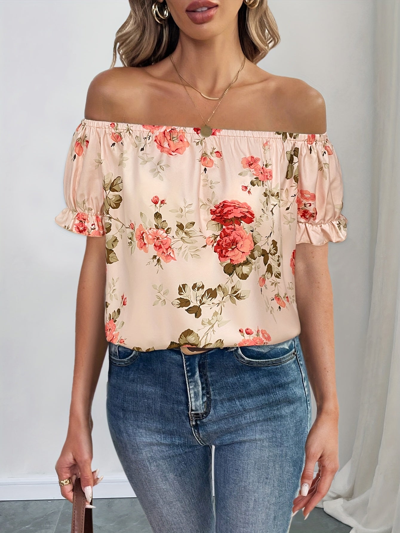 Women's French-Inspired Off-the-Shoulder Top - Elegant Ruffled Short Sleeve Blouse with Floral Print, Lightweight 100% Polyester, Machine Washable for Spring\u002FSummer Casual & Semi-Formal Outfits