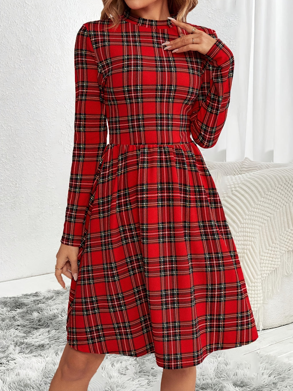 Women's Red & Black Plaid A-Line Dress - Long Sleeve Round Neck Machine Washable Midi Dress with Medium Stretch, All-Season Elegant Casual to Formal Wear, Versatile Fashion, Stretchable Fabric