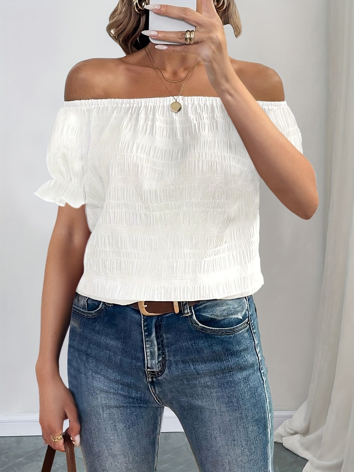 French Elegant Women's Casual Pleated Off-the-Shoulder Short Sleeve Top Summer Dress