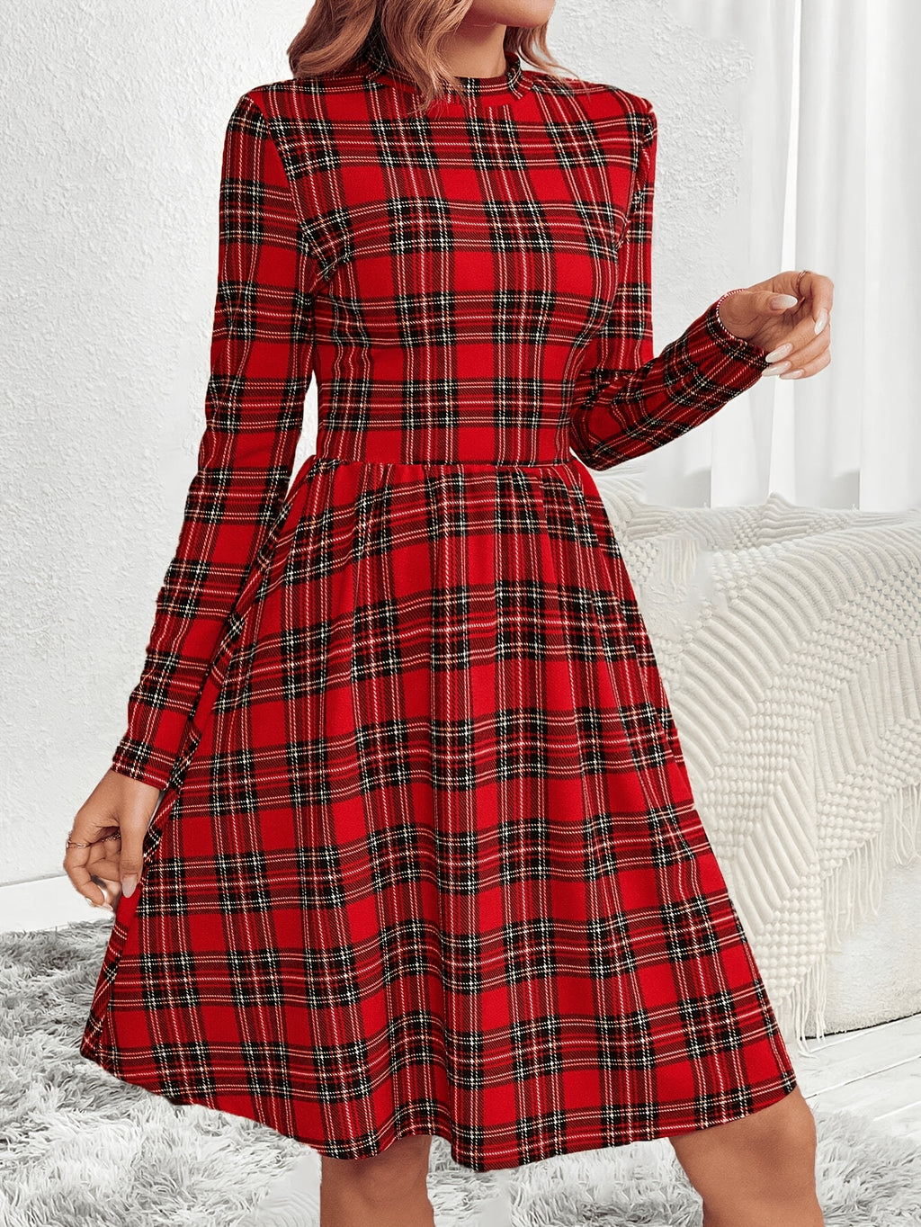 Women's Red & Black Plaid A-Line Dress - Long Sleeve Round Neck Machine Washable Midi Dress with Medium Stretch, All-Season Elegant Casual to Formal Wear, Versatile Fashion, Stretchable Fabric