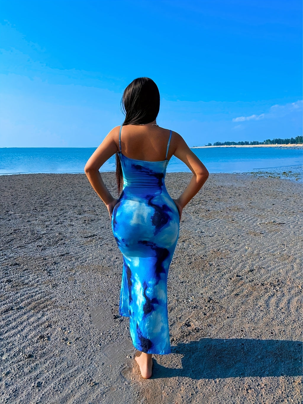 Elegant Off-Shoulder Blue Tie-Dye Maxi Dress - Sleeveless, Bodycon, Long Length, Perfect for Summer Beach Vacations, Beach Dress