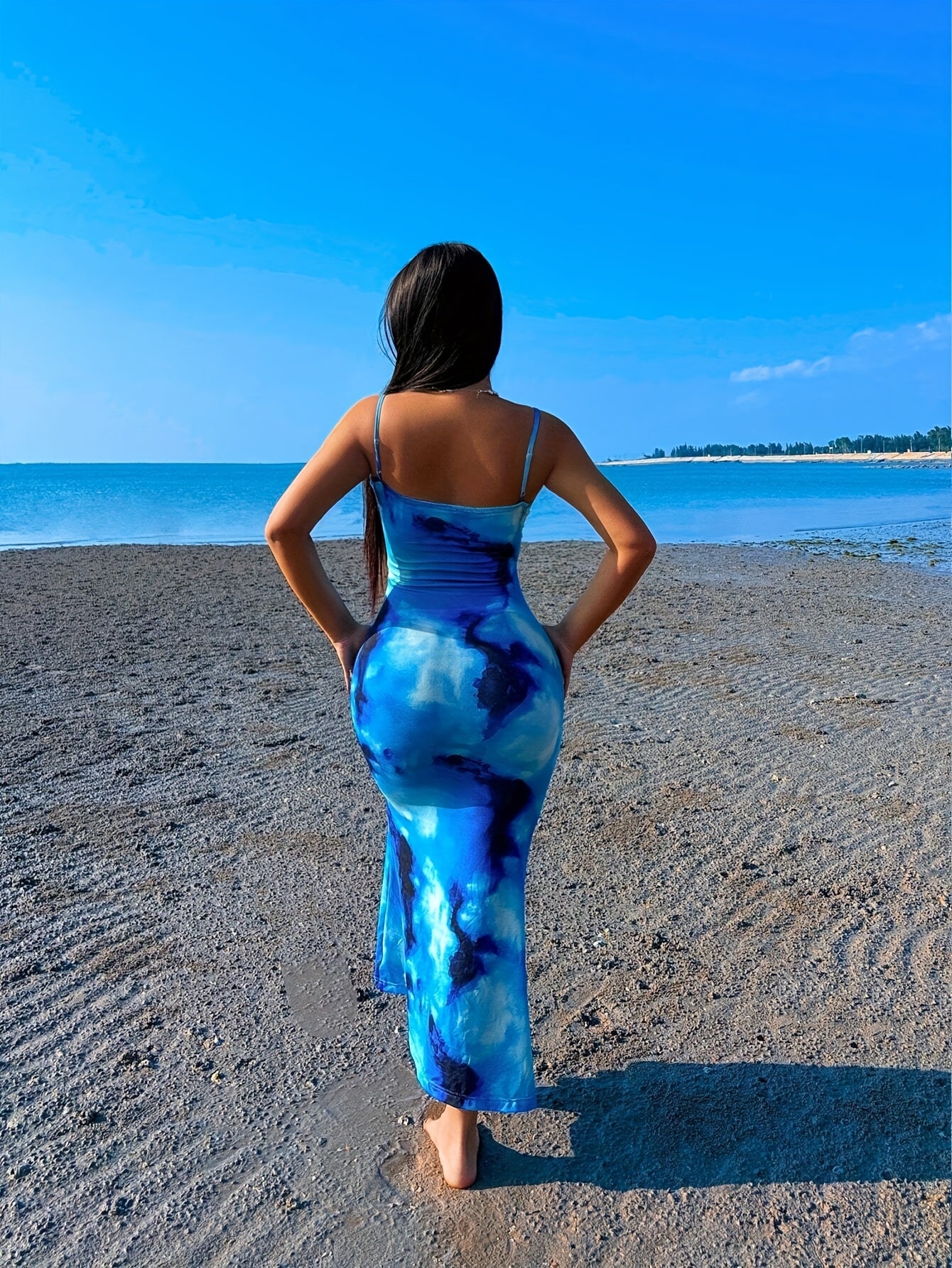 Elegant Off-Shoulder Blue Tie-Dye Maxi Dress - Sleeveless, Bodycon, Long Length, Perfect for Summer Beach Vacations, Beach Dress