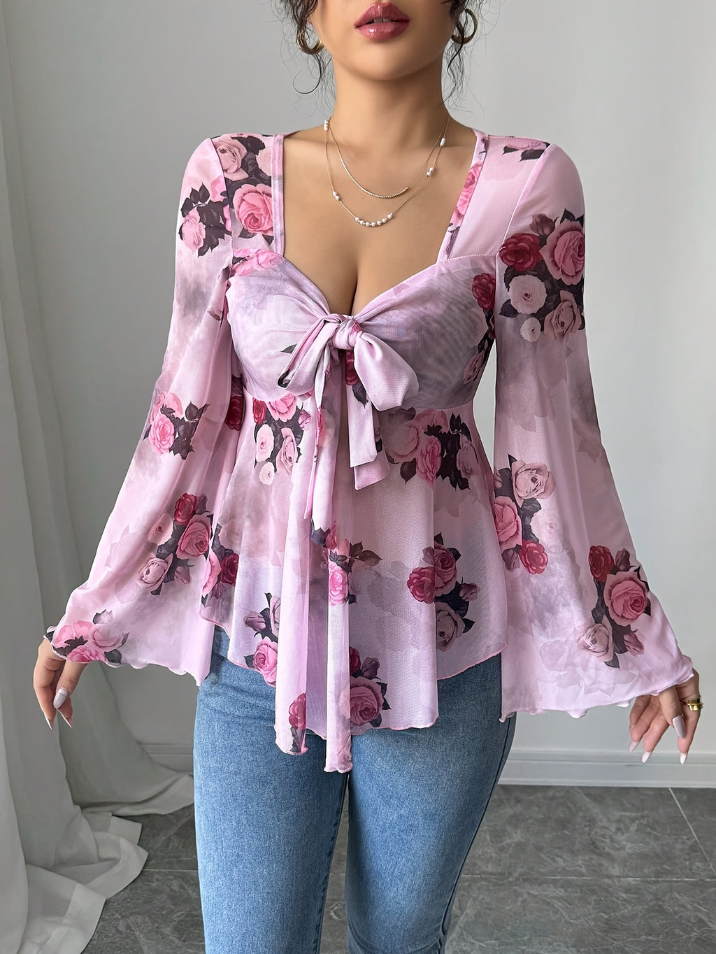 French-Style Casual Sexy Vacation Semi-Sheer Floral Bow Ruffled Long-Sleeve Women'S Top for Summer