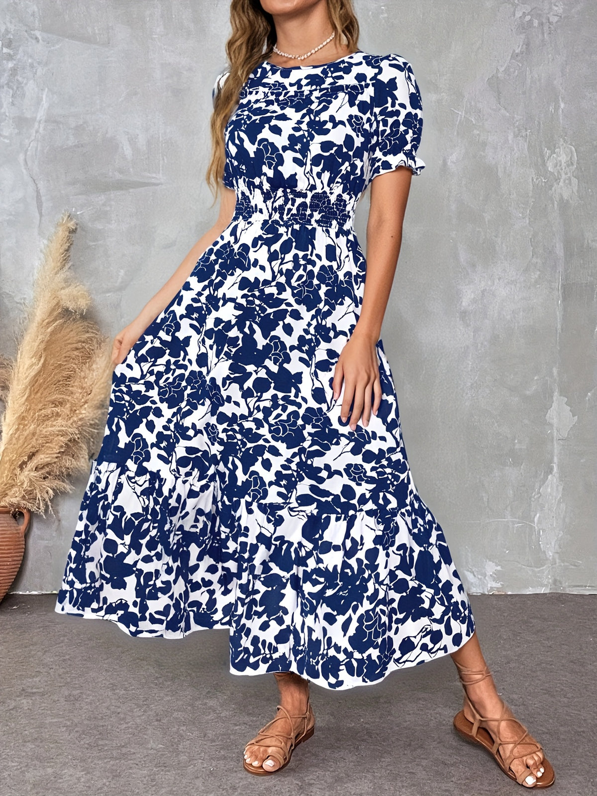 Elegant Floral Print Crew Neck Short Sleeve A-Line Pendulum Dress, Long Length, for Adult