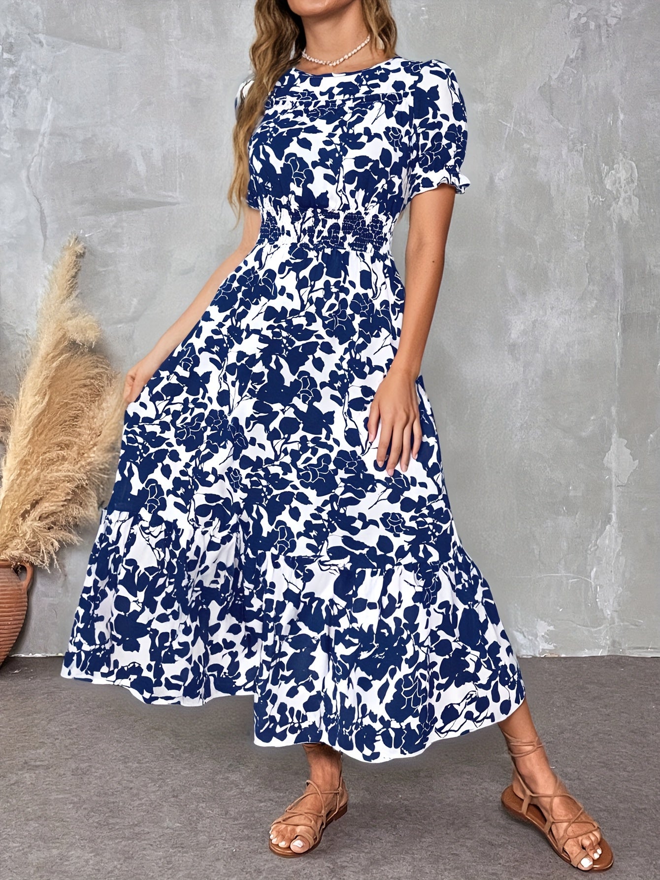 Elegant Floral Print Crew Neck Short Sleeve A-Line Pendulum Dress, Long Length, for Adult