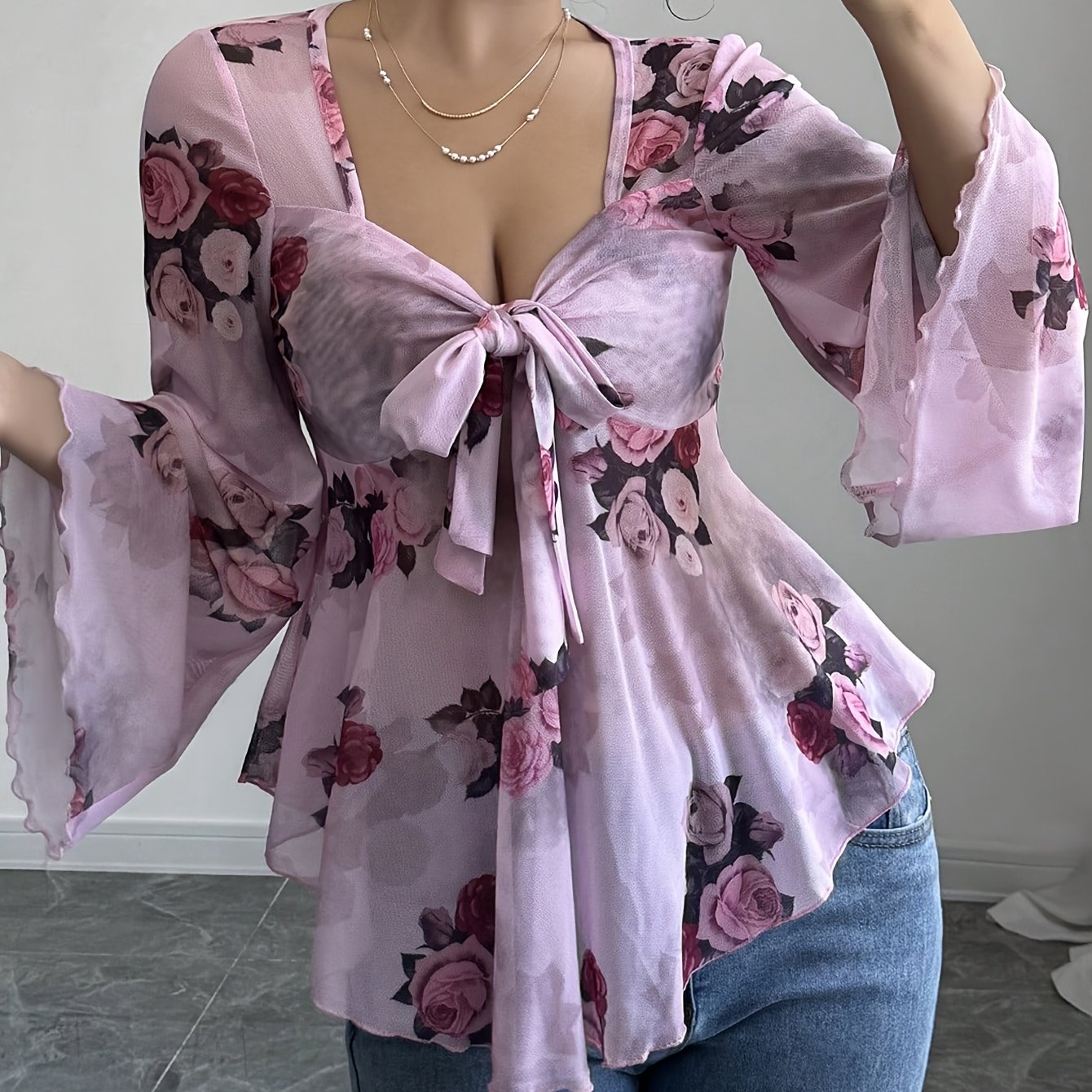 French-Style Casual Sexy Vacation Semi-Sheer Floral Bow Ruffled Long-Sleeve Women'S Top for Summer