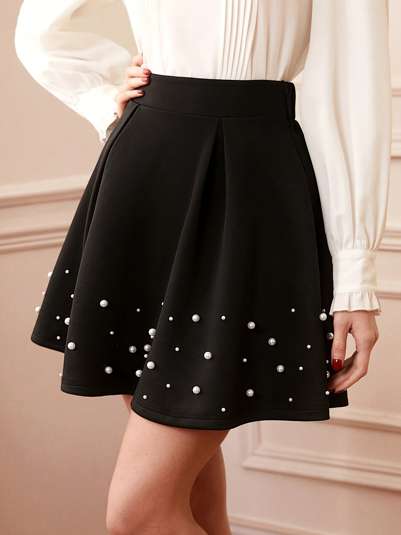 Elegant High-Waist Pearl-Embellished Skirt for Women - Vintage Style Umbrella Skirt with Decorative Studs, Black A-Line Design for Parties and Events, Summer Skirt|Elegant Skirt Design|Decorative Skits, Skirt