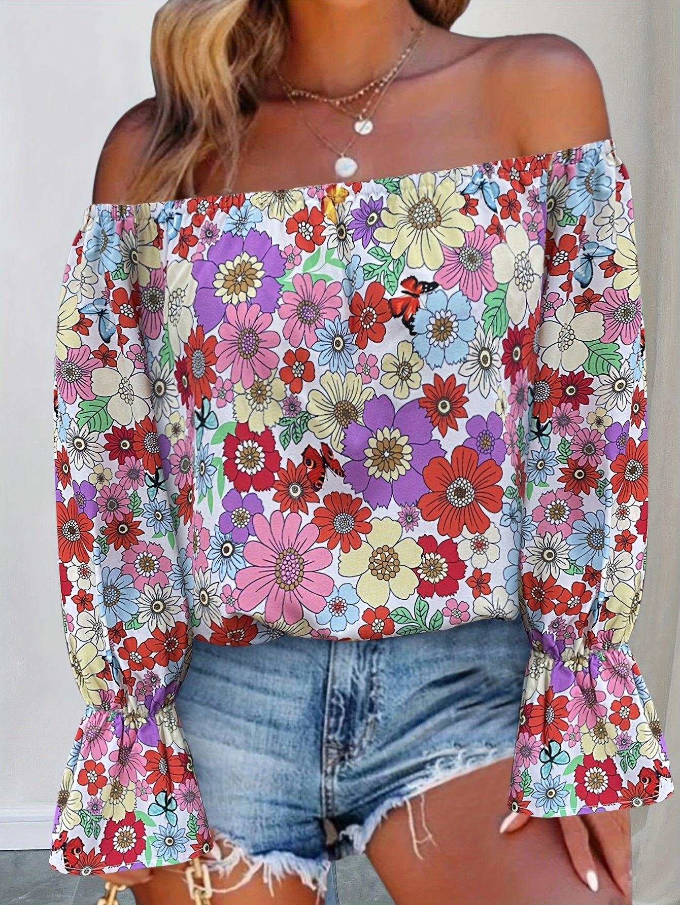 Women's Summer Floral Print Off-Shoulder Long Sleeve Blouse - Ruffled Sleeve Edges, Vibrant Multicolor Flowers on White, Machine Washable Lightweight Top for Spring\u002FSummer Casual & Resort Wear, Cute Summer Tops