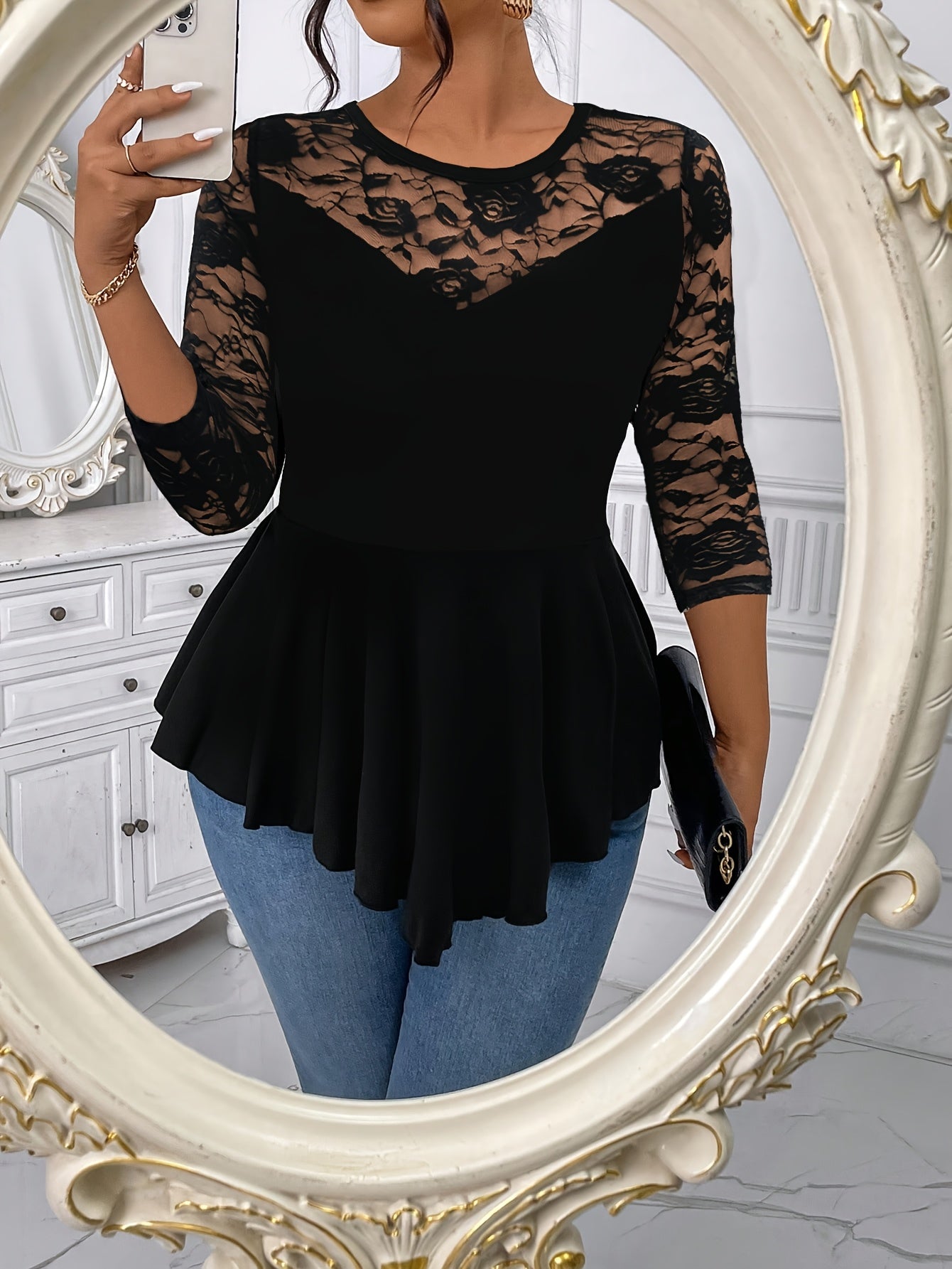 Women'S Irregular Long-Sleeve Top with Floral Lace And a Round Neckline.