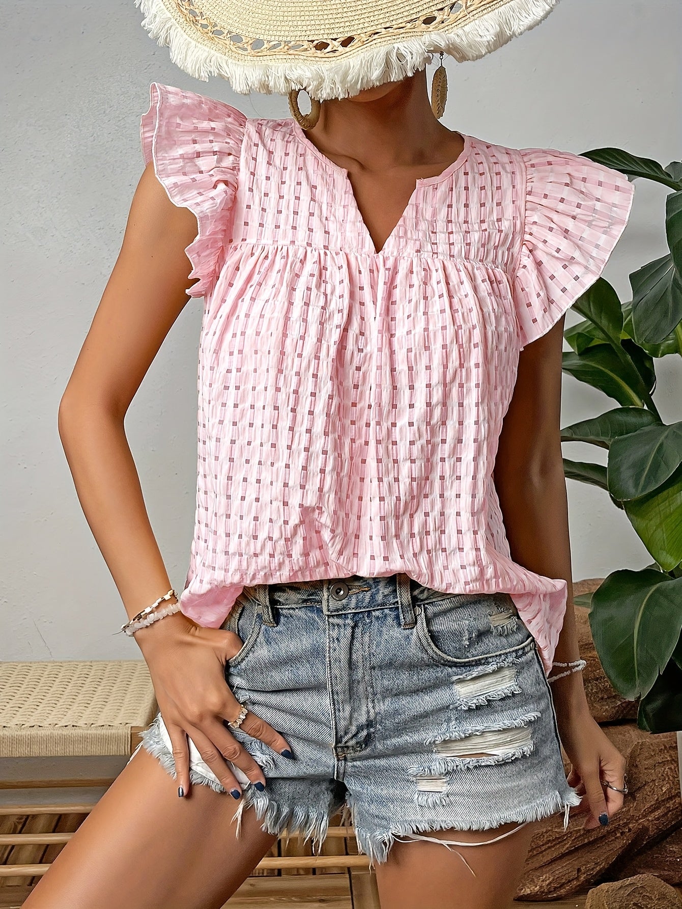 Elegant French-Inspired V-Neck Blouse with Ruched Detail - Sleeveless, Button-Up Top for Women, Light Pink, Perfect for Spring\u002FSummer Casual Wear, Casual Summer Wear | Ruched Texture Top | Buttonup Top, Ladies Blouses