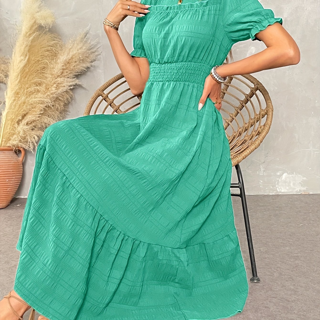 St. Patrick's Summer Round Neck Design Ruffle Sleeve Maxi Dress