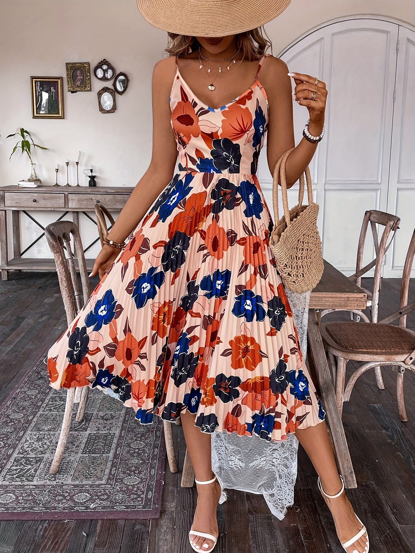 Summer Vacation Women's Printed Design Pleated Hem Camisole Dress