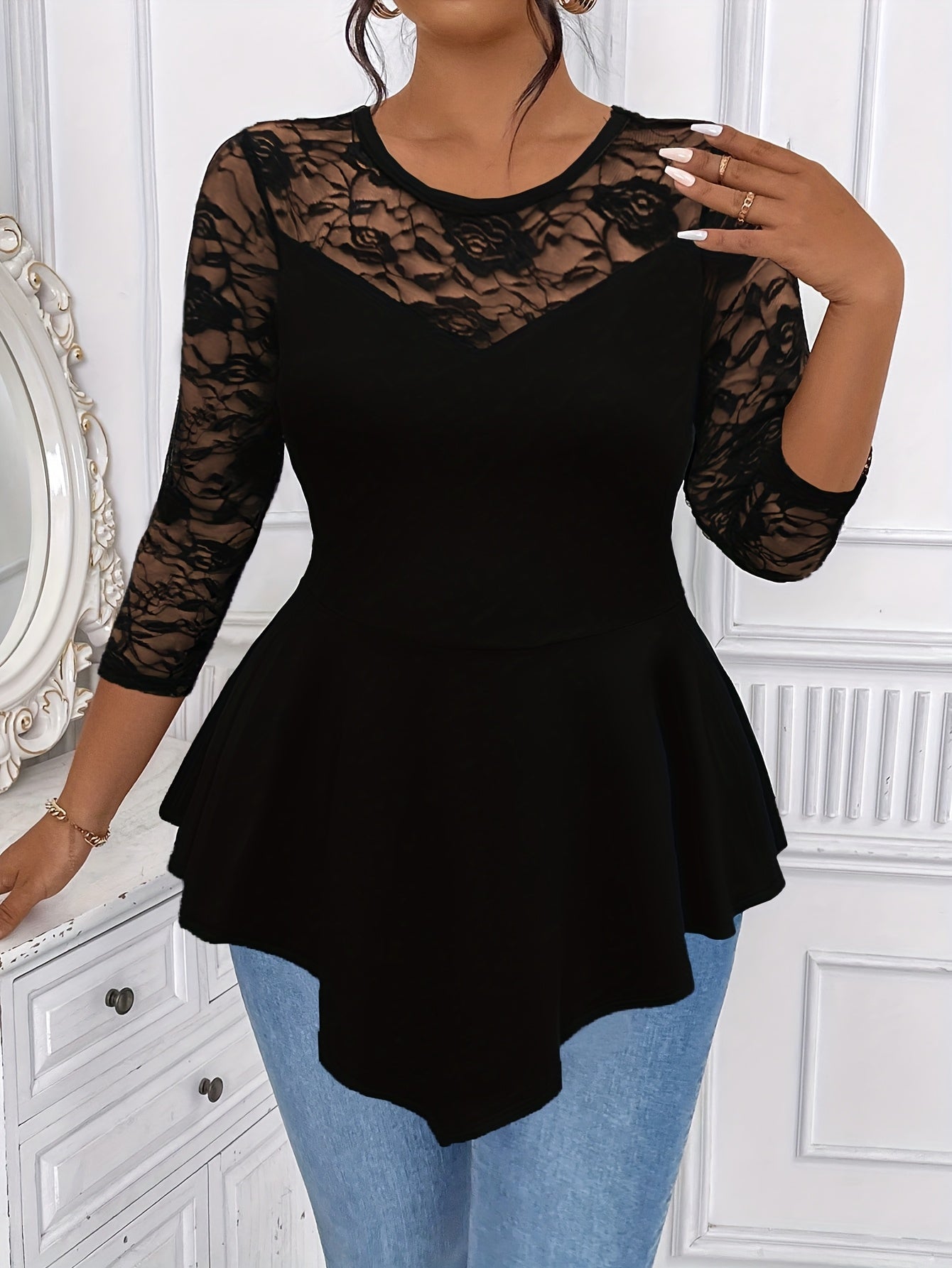 Women'S Irregular Long-Sleeve Top with Floral Lace And a Round Neckline.