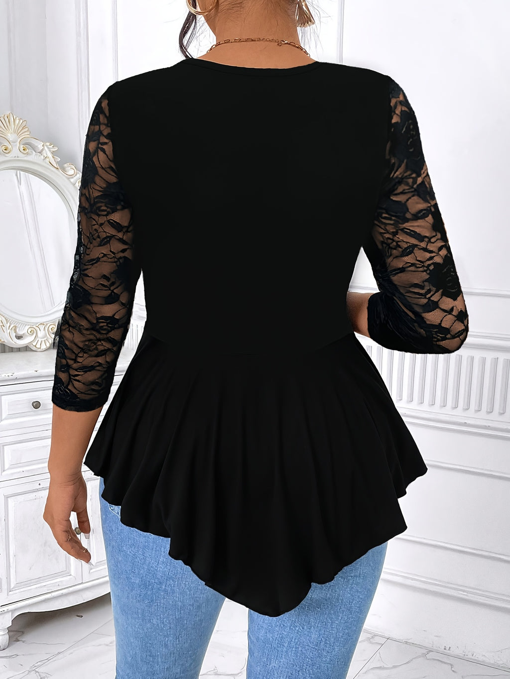 Women'S Irregular Long-Sleeve Top with Floral Lace And a Round Neckline.