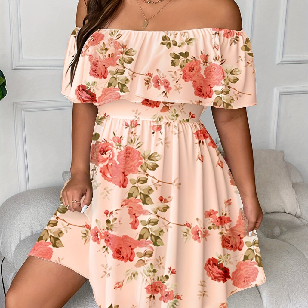Elegant Off-Shoulder Floral Print Midi Dress for Women - Peach with Pink & Green Floral Design, Ruffled Hem, Perfect for Spring\u002FSummer, Casual to Formal Wear, Casual Summer Dress | Offshoulder Fashion | Ruffled Hem Dress