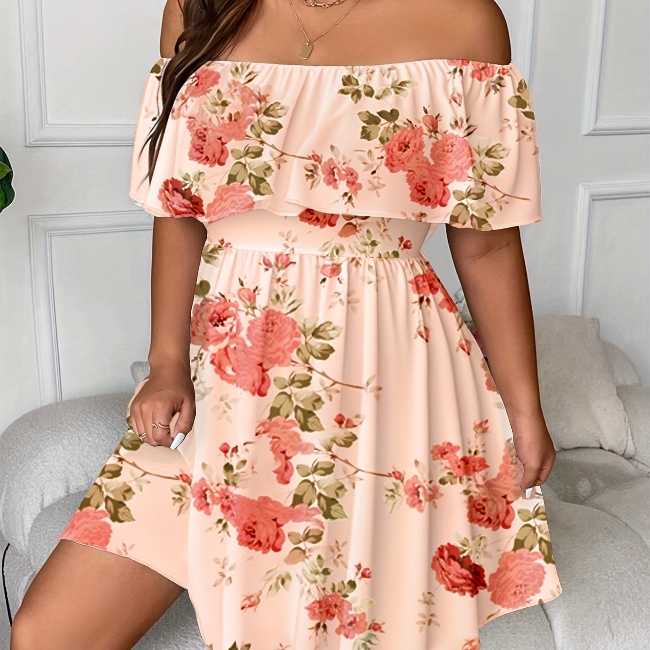 Elegant Off-Shoulder Floral Print Midi Dress for Women - Peach with Pink & Green Floral Design, Ruffled Hem, Perfect for Spring\u002FSummer, Casual to Formal Wear, Casual Summer Dress | Offshoulder Fashion | Ruffled Hem Dress