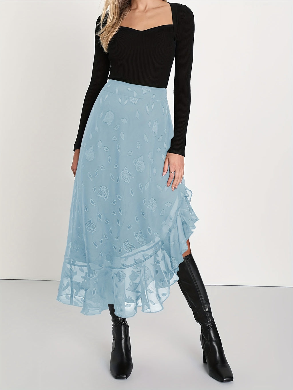 Women'S Elegant Maroon Jacquard Ruffle Hem Skirt - High-Waisted, Flowing A-Line Design, Off-Shoulder Ruffle Detail, Polyester, All-Season Wear, Casual Chic Outfit | Asymmetrical Skirt | Ruffle Hem