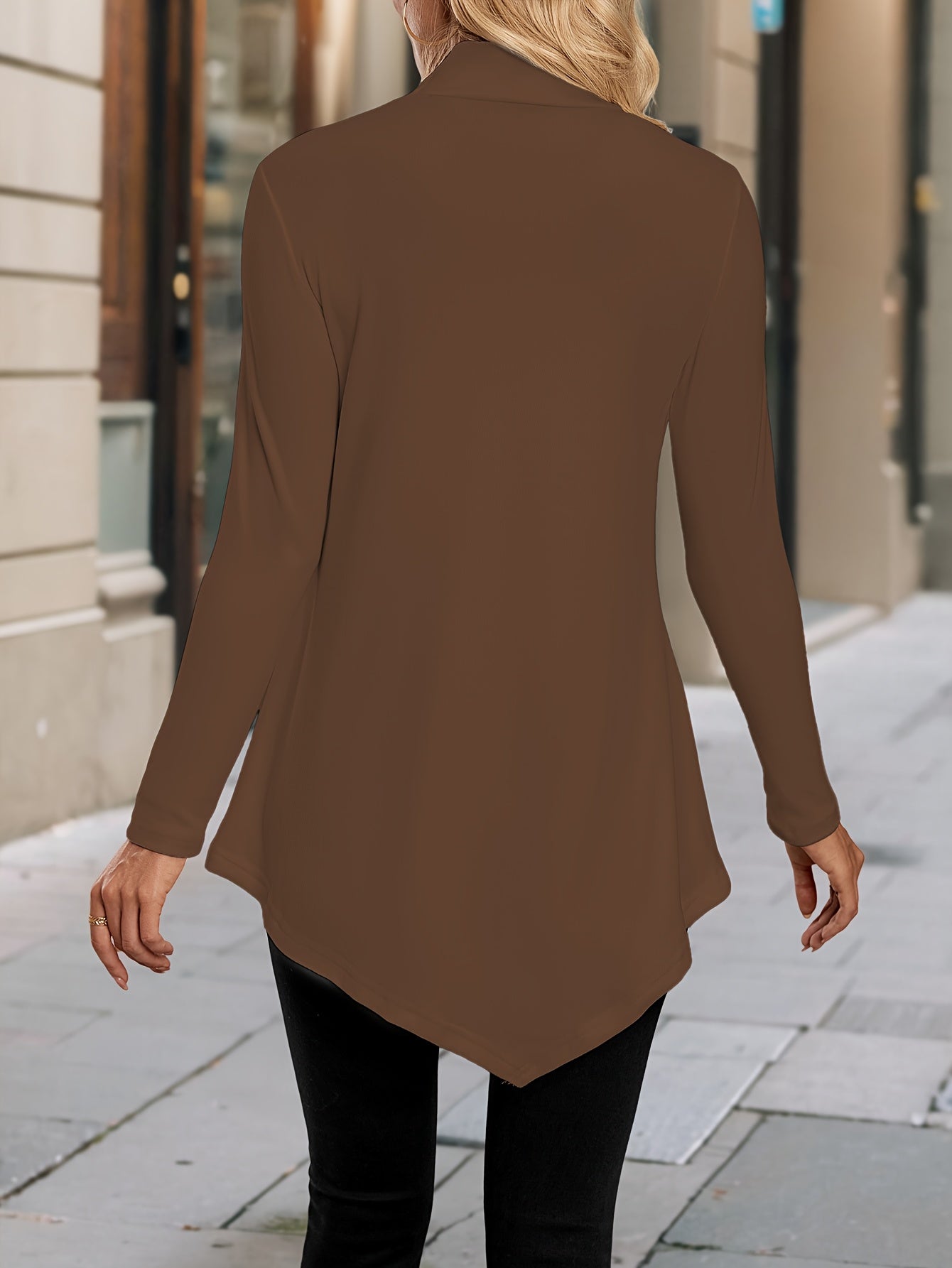 Women's High-Neck Asymmetrical Hem Long Sleeve Top - Stretchy Solid Color Casual Chic Shirt, All-Season Machine Washable & Dry Cleanable, Everyday Fashion, Highneck Design, Stretchy Fabric