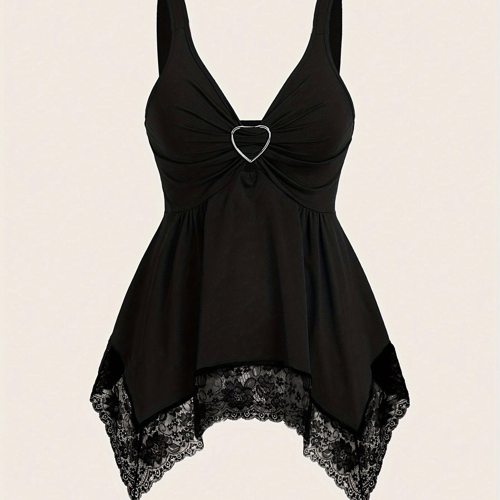 1pc Elegant Lace-Trimmed V-Neck Camisole with Thick Straps - Sexy French Style Knitted Top for Women, Polyester, All Seasons