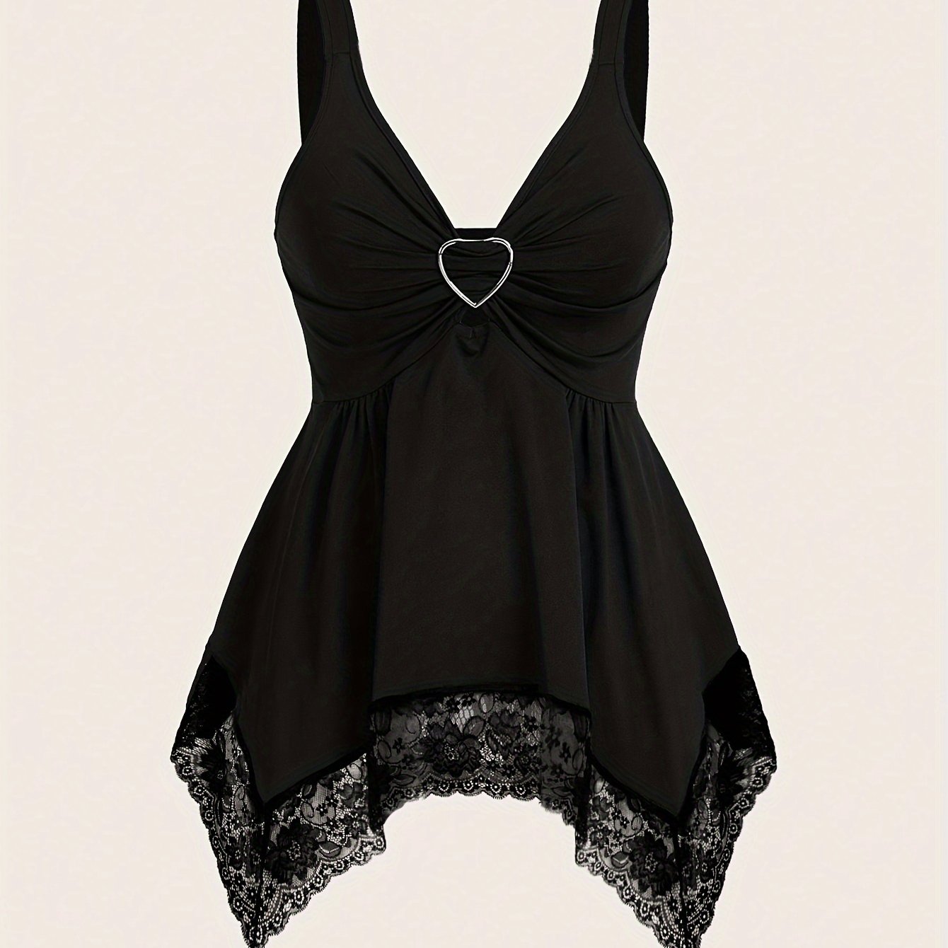 1pc Elegant Lace-Trimmed V-Neck Camisole with Thick Straps - Sexy French Style Knitted Top for Women, Polyester, All Seasons