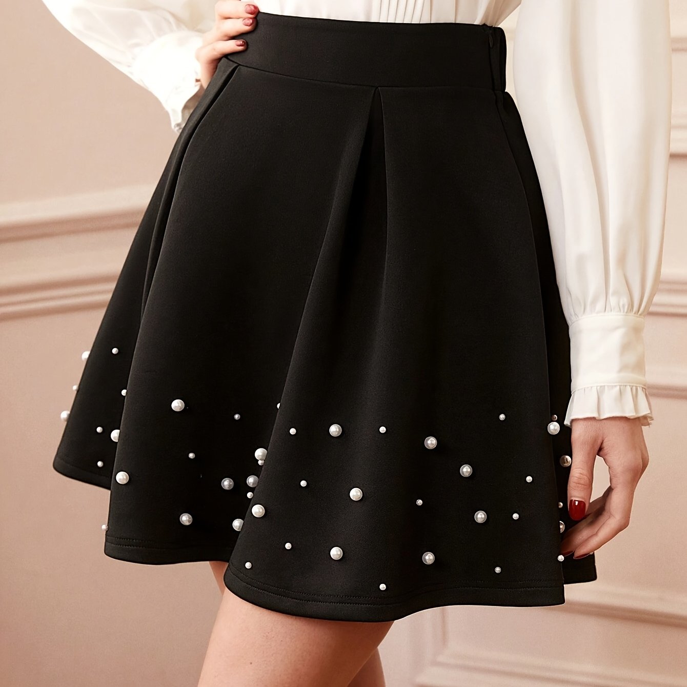 Elegant High-Waist Pearl-Embellished Skirt for Women - Vintage Style Umbrella Skirt with Decorative Studs, Black A-Line Design for Parties and Events, Summer Skirt|Elegant Skirt Design|Decorative Skits, Skirt