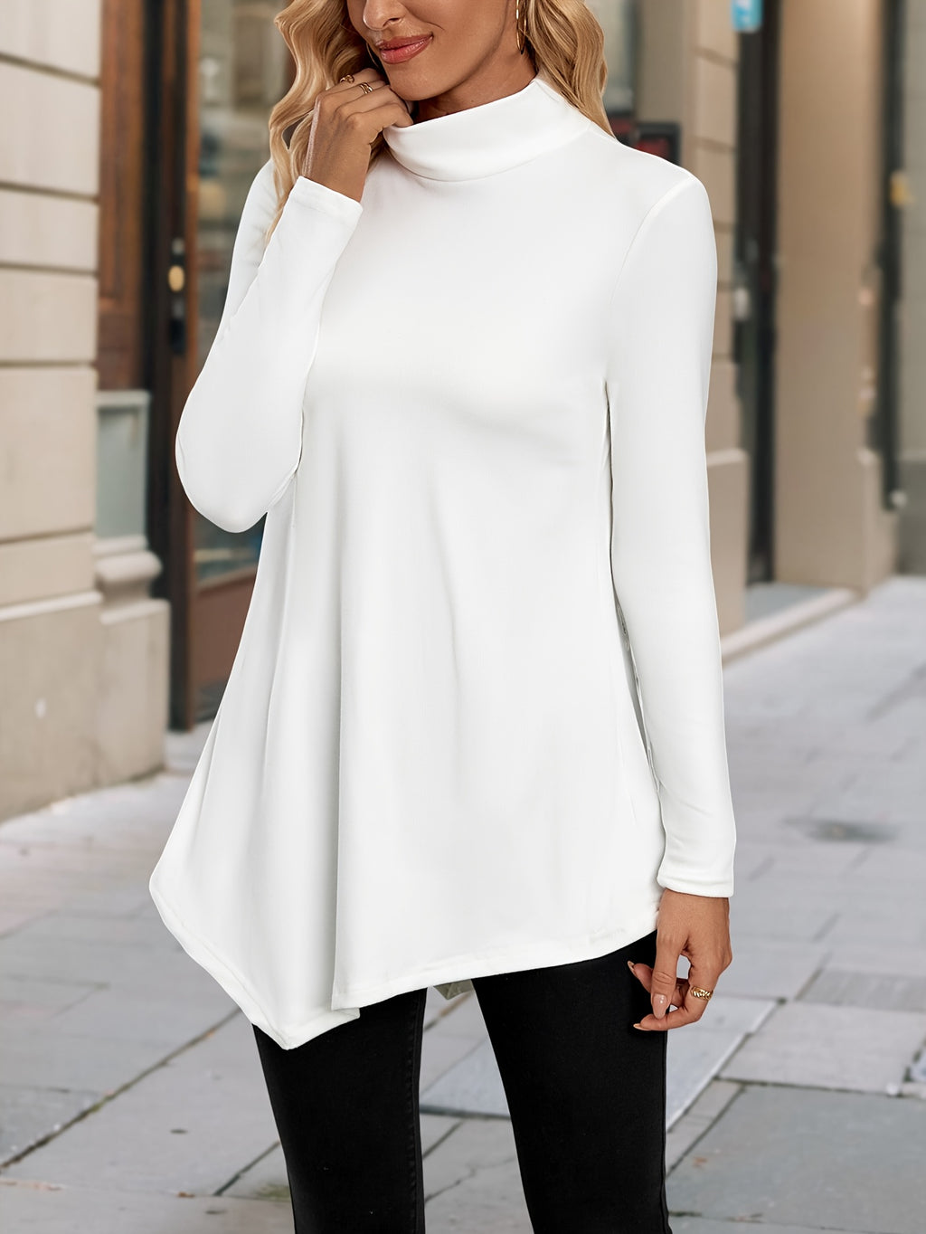 Women's High-Neck Asymmetrical Hem Long Sleeve Top - Stretchy Solid Color Casual Chic Shirt, All-Season Machine Washable & Dry Cleanable, Everyday Fashion, Highneck Design, Stretchy Fabric
