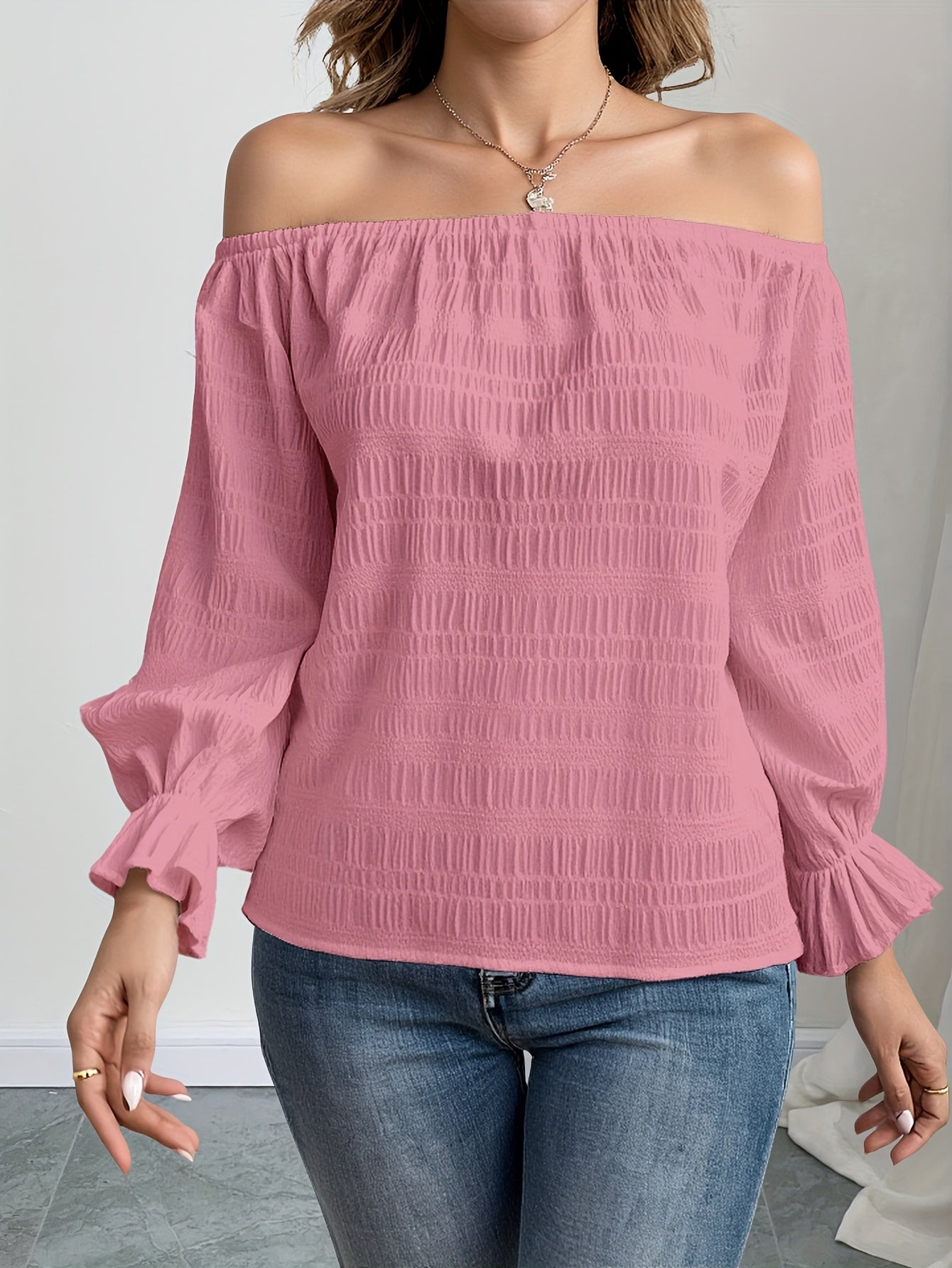 Solid Color Casual Elegant Pleated Off-Shoulder Long Sleeve Shirt Summer Wear