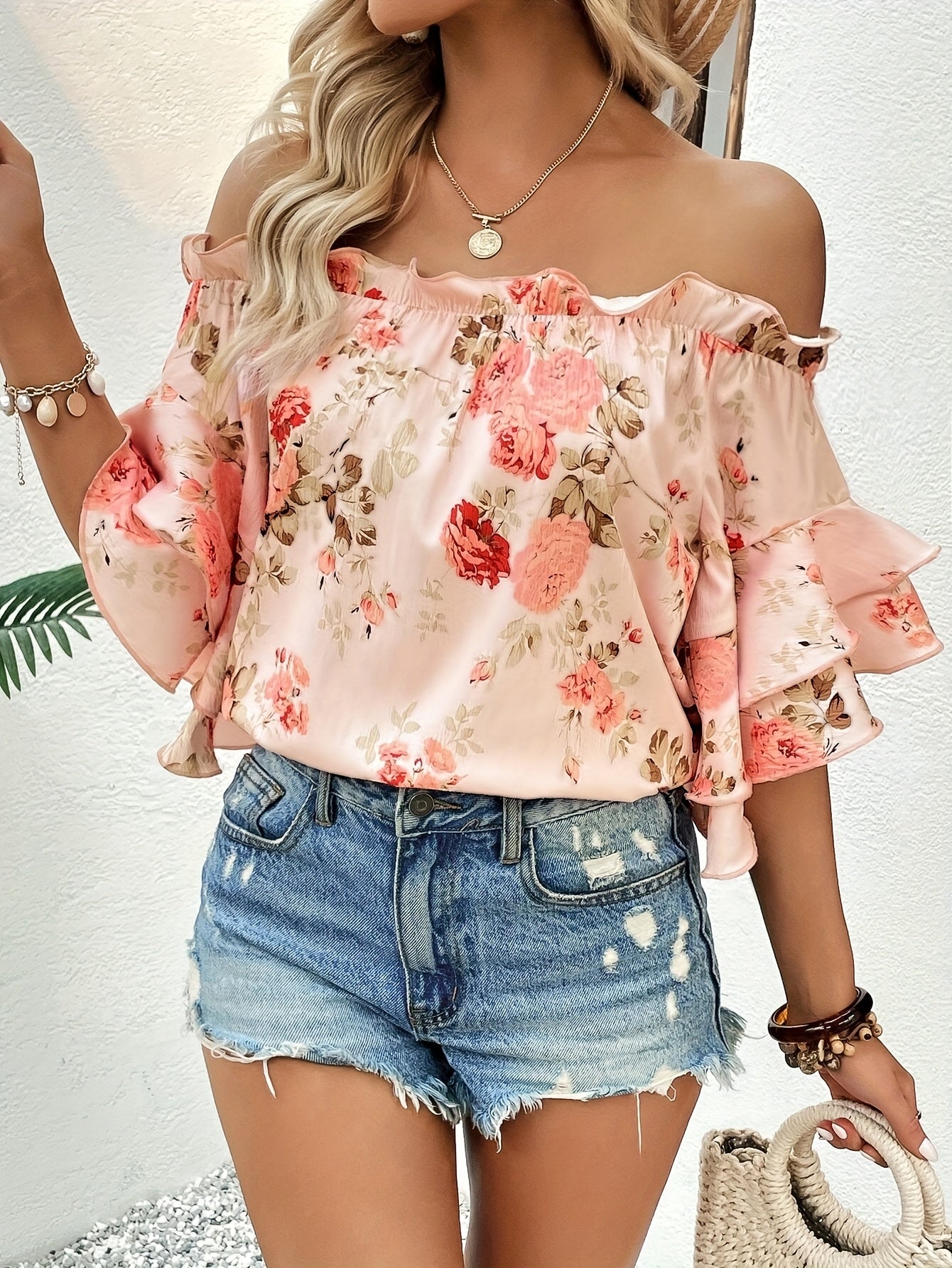 Women'S Floral Off-Shoulder Ruffle Top - Pink with Peach and Green Floral Print, Short Sleeves, Perfect for Spring\u002FSummer, Casual Summer Top|Floral Print Top|Ruffle Detail Top