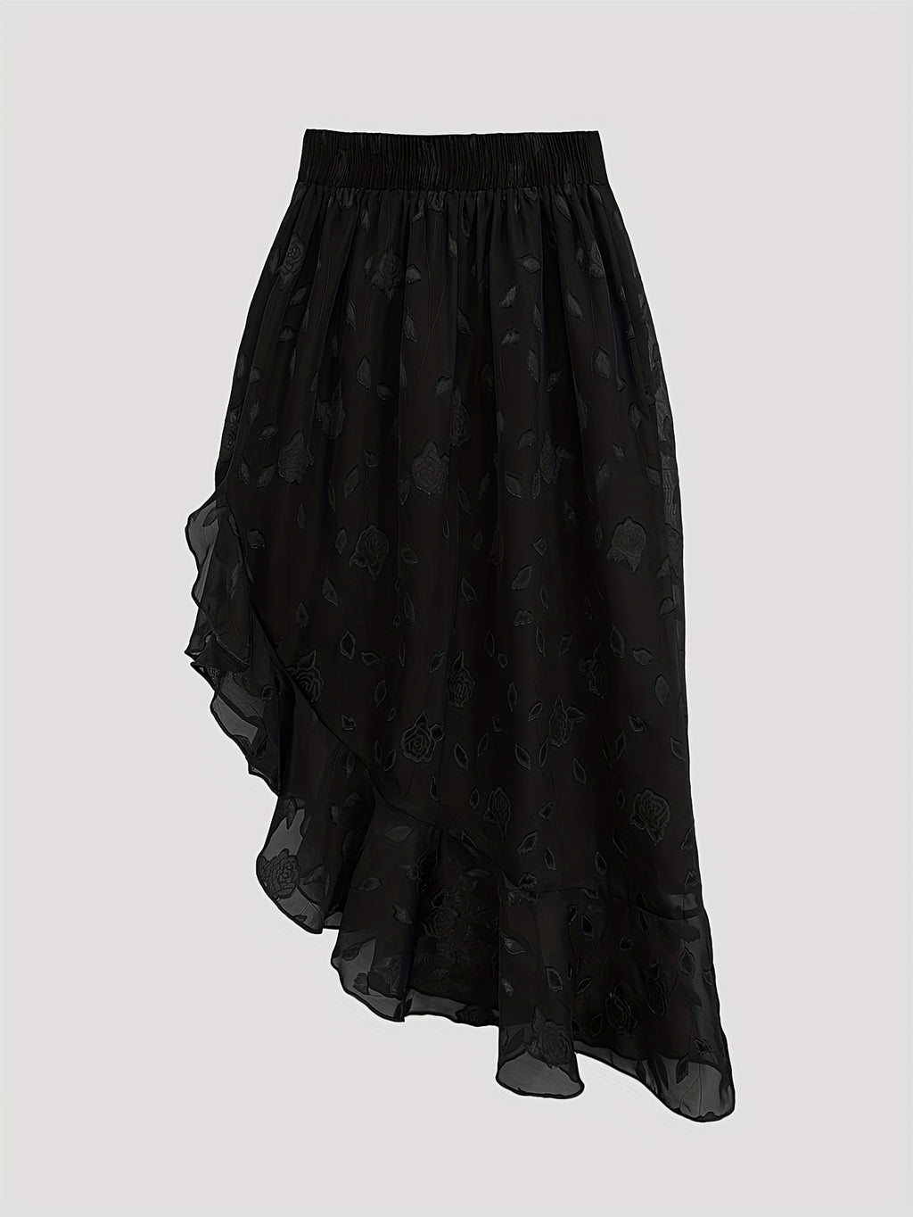 Women'S Elegant Maroon Jacquard Ruffle Hem Skirt - High-Waisted, Flowing A-Line Design, Off-Shoulder Ruffle Detail, Polyester, All-Season Wear, Casual Chic Outfit | Asymmetrical Skirt | Ruffle Hem