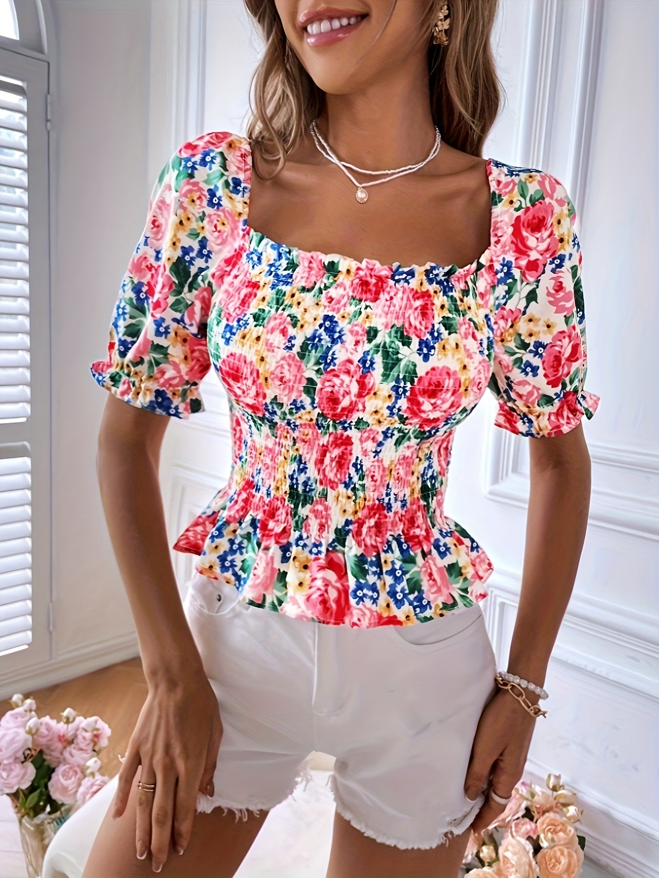 Bohemian Floral Print Blouse with Puff Sleeves & Ruffle Detail - Square Neck, Short Sleeve, A-Line Cut, Vibrant Pink, Blue, Yellow, Green Floral Design, Perfect for Casual Outings, Summer Fashion Top, Ruffle Trim, Elegant Appearance