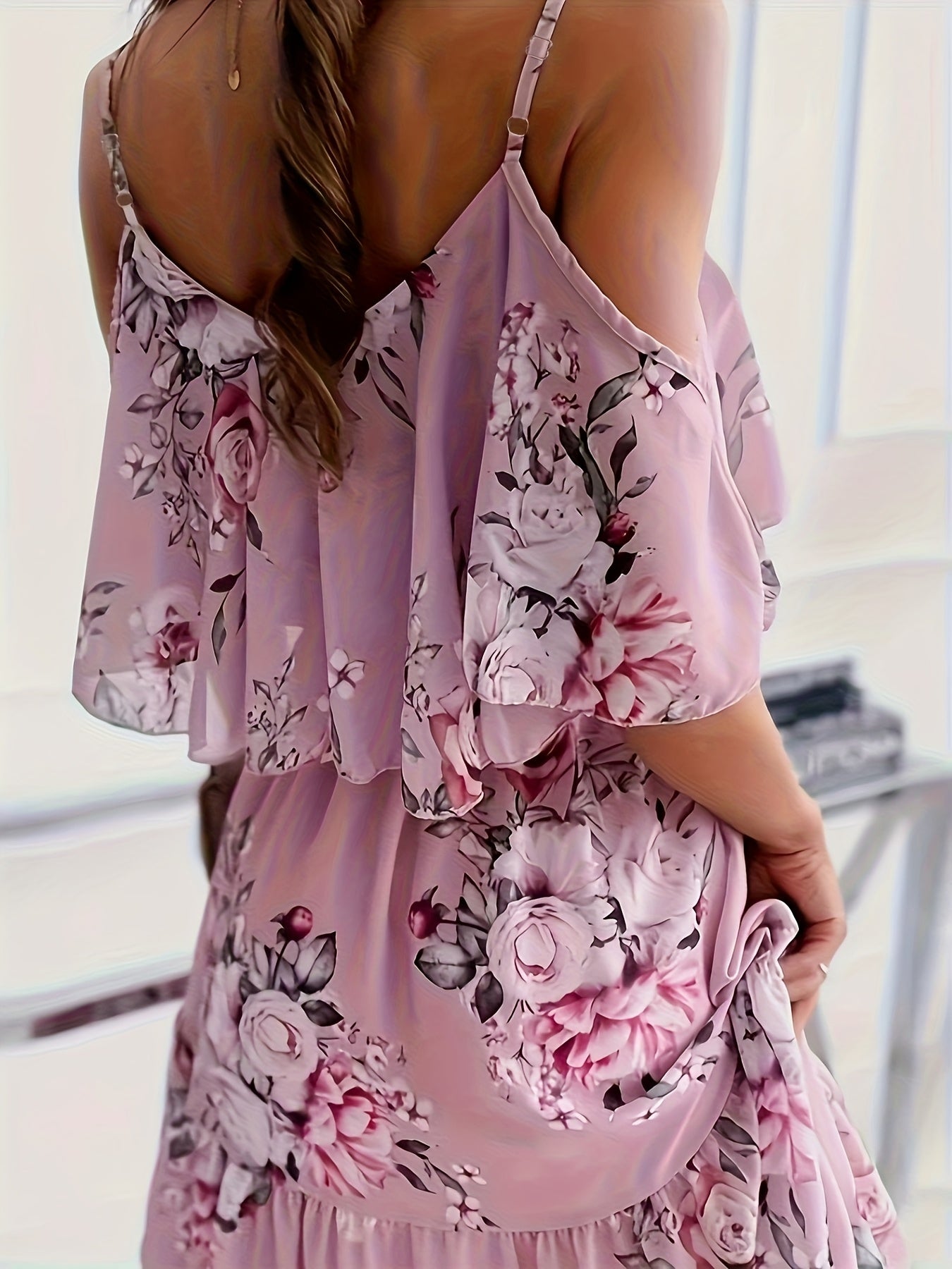 Autumn Sweet Floral Spaghetti Strap One-Shoulder Ruffle Hem Short Chiffon Fairy Dress New Arrival