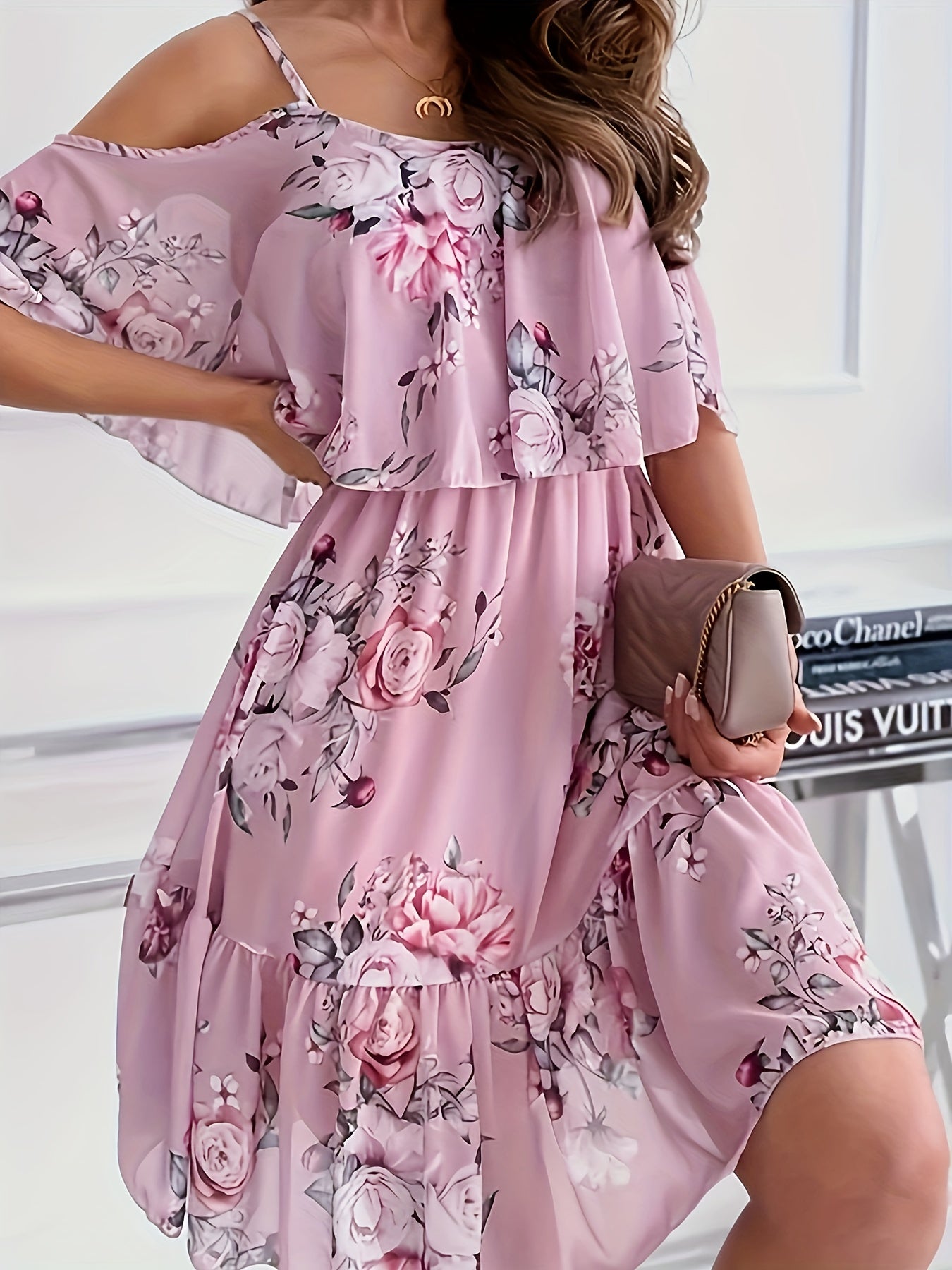 Autumn Sweet Floral Spaghetti Strap One-Shoulder Ruffle Hem Short Chiffon Fairy Dress New Arrival
