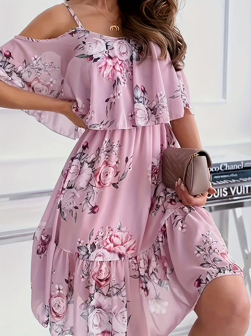 Autumn Sweet Floral Spaghetti Strap One-Shoulder Ruffle Hem Short Chiffon Fairy Dress New Arrival