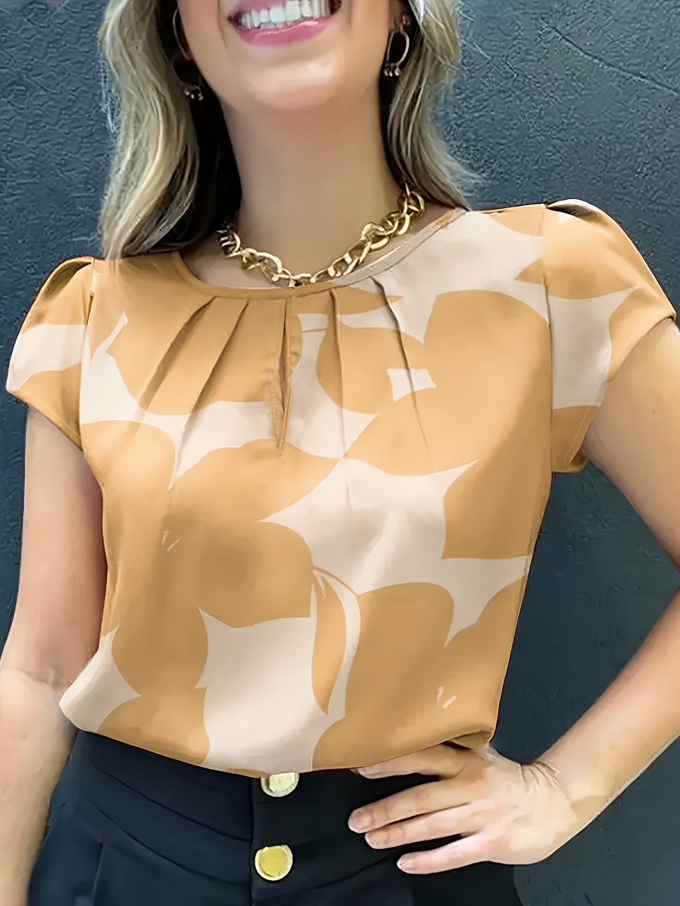 Women'S Casual Floral Print Ruched Bust Crew Neck Short Sleeve Polyester Blouse Top