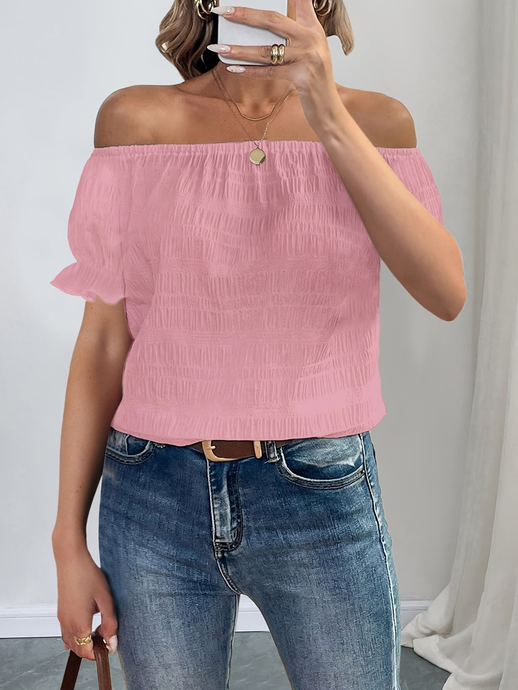 French Elegant Women's Casual Pleated Off-the-Shoulder Short Sleeve Top Summer Dress