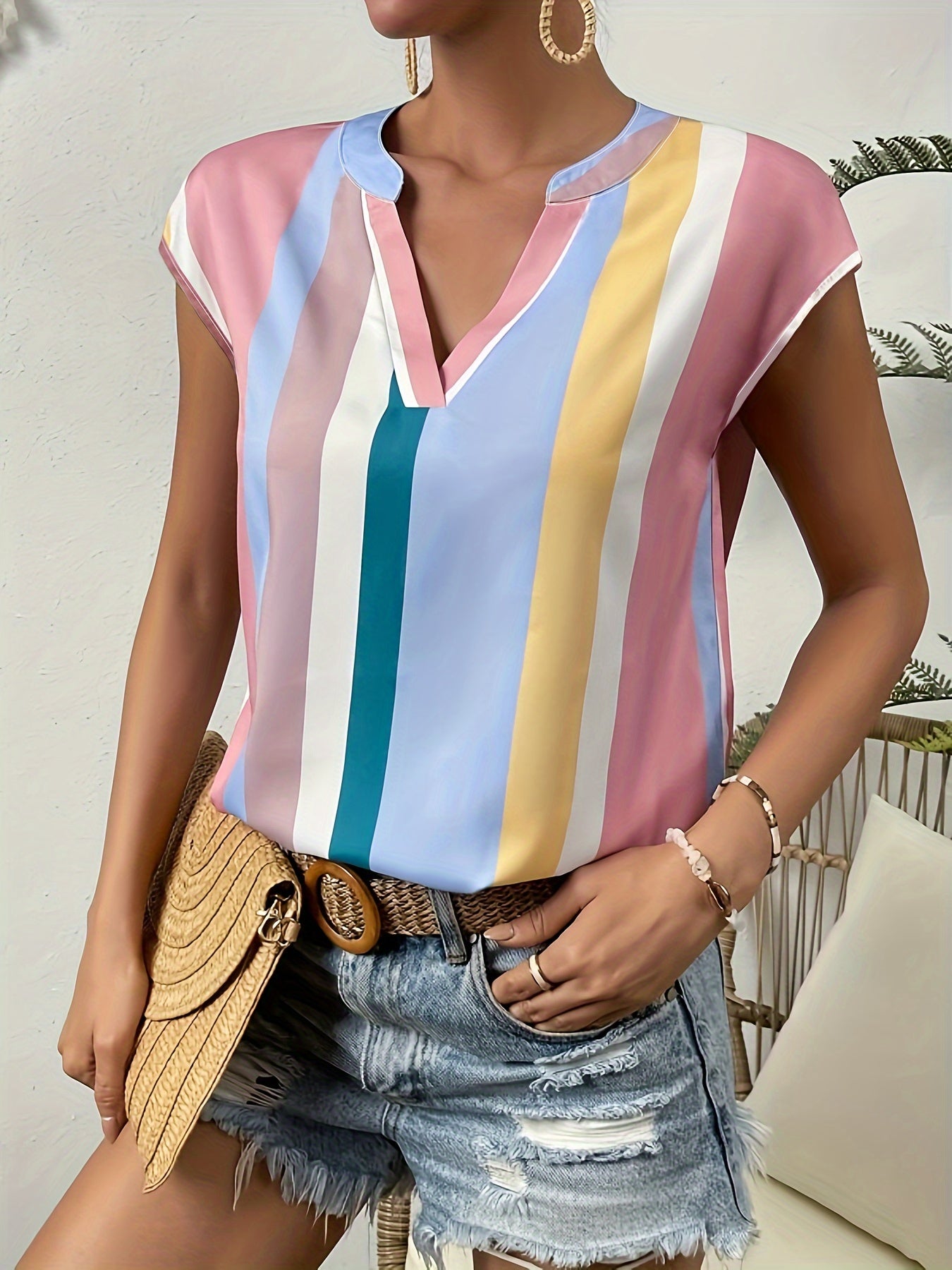 Women's Casual V-Neck T-Shirt with Striped Print - Breathable Polyester, Machine Washable - Perfect for Summer, Leisure Style, Conventional Version, Xia