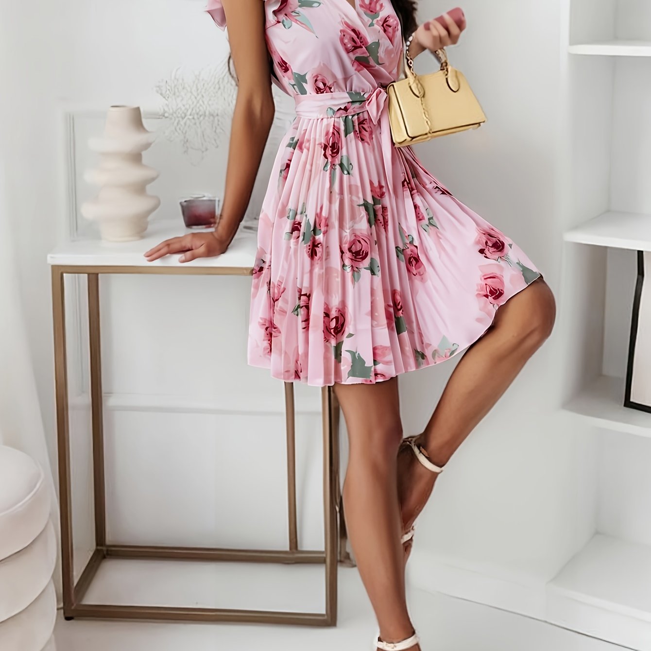 Women's Floral Print V-Neck Sleeveless A-Line Dress with Adjustable Waist Belt & Pleated Detail - Knee-Length Summer Dress in Pink, Machine Washable for Spring\u002FSummer Casual or Formal Occasions, No Stretch Fabric