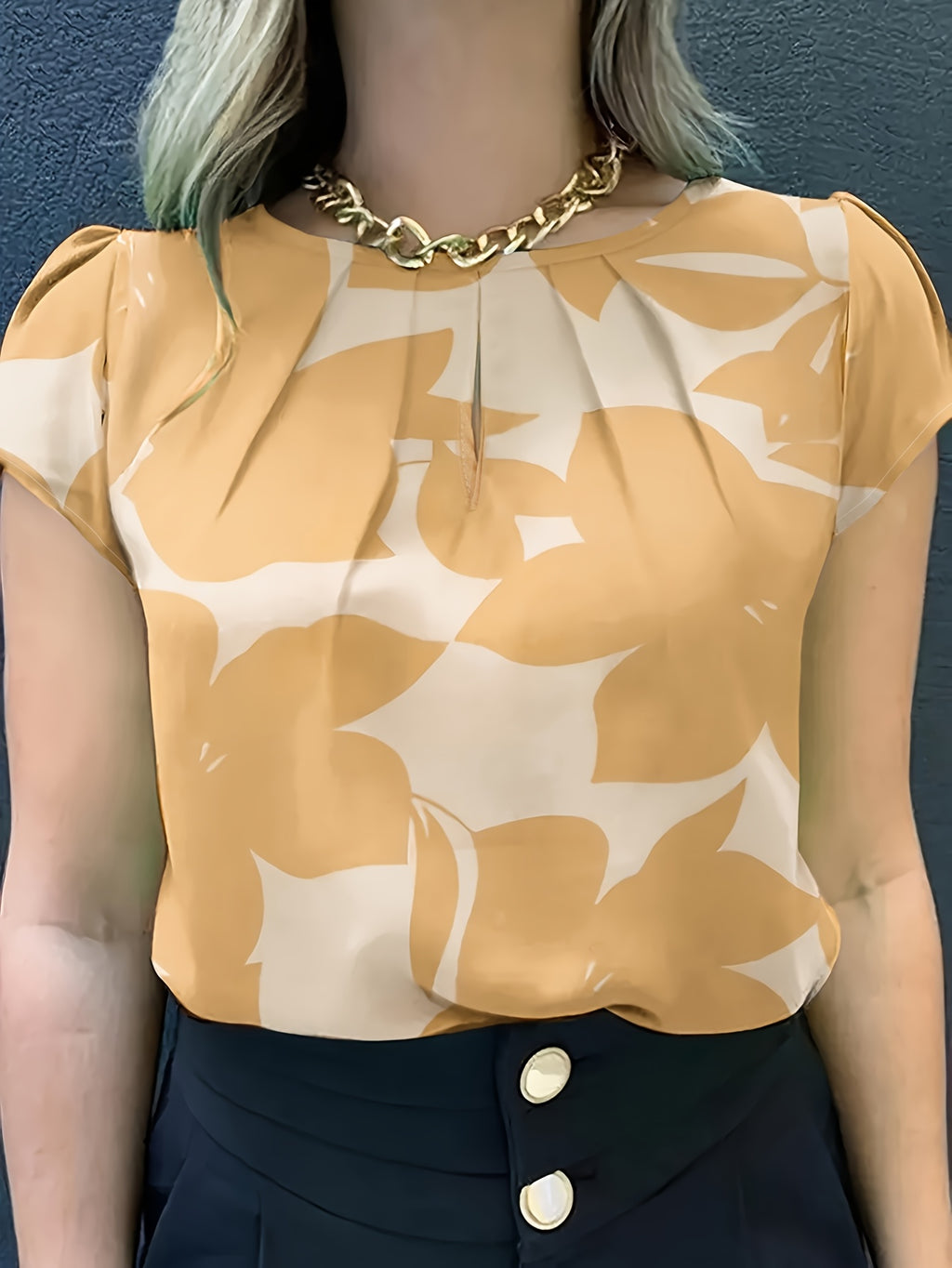 Women'S Casual Floral Print Ruched Bust Crew Neck Short Sleeve Polyester Blouse Top