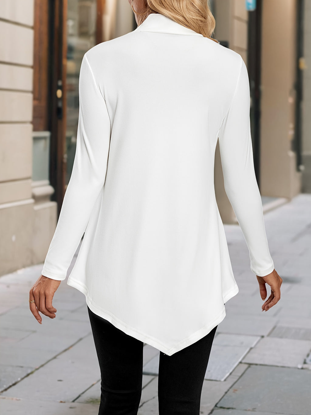 Women's High-Neck Asymmetrical Hem Long Sleeve Top - Stretchy Solid Color Casual Chic Shirt, All-Season Machine Washable & Dry Cleanable, Everyday Fashion, Highneck Design, Stretchy Fabric