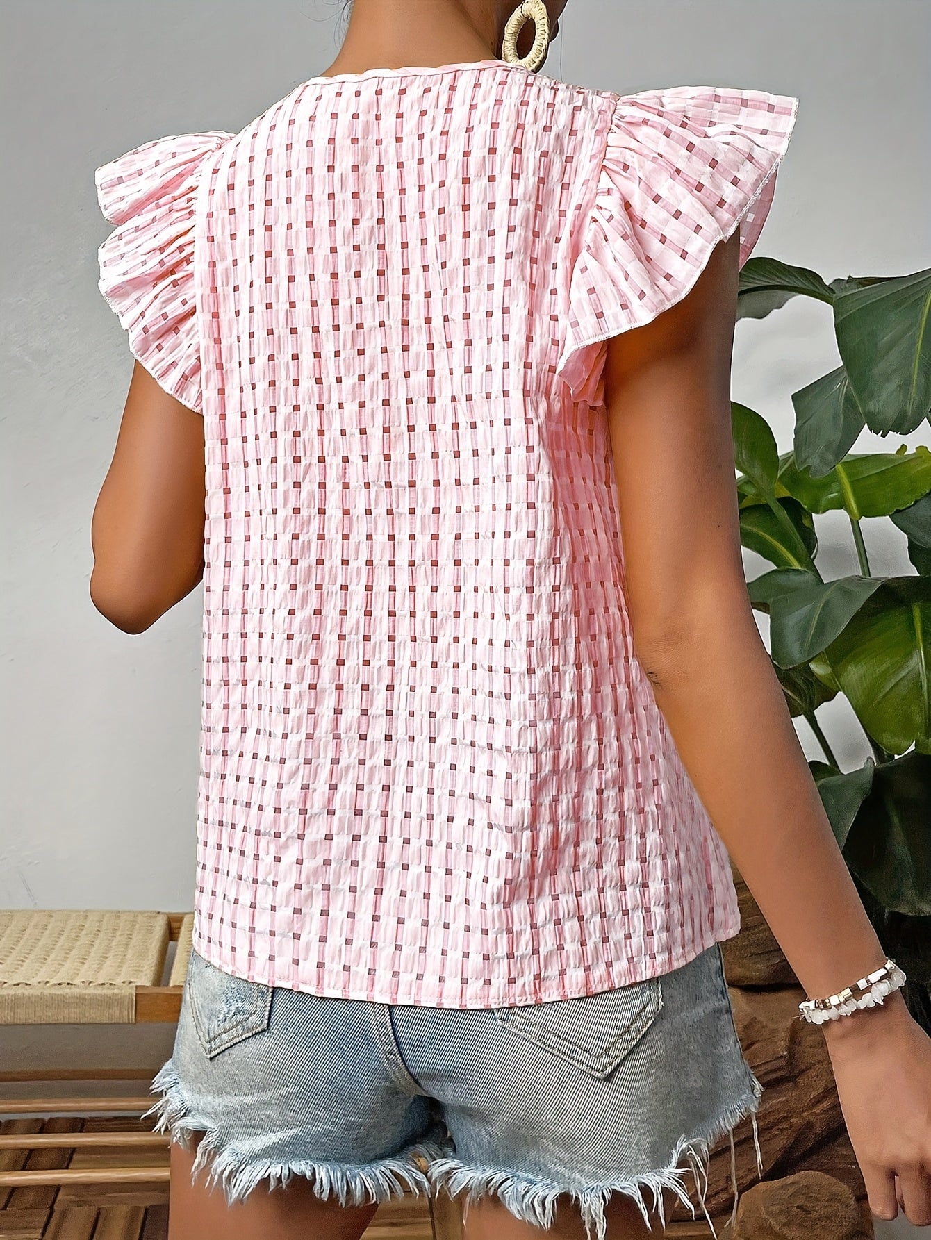 Elegant French-Inspired V-Neck Blouse with Ruched Detail - Sleeveless, Button-Up Top for Women, Light Pink, Perfect for Spring\u002FSummer Casual Wear, Casual Summer Wear | Ruched Texture Top | Buttonup Top, Ladies Blouses