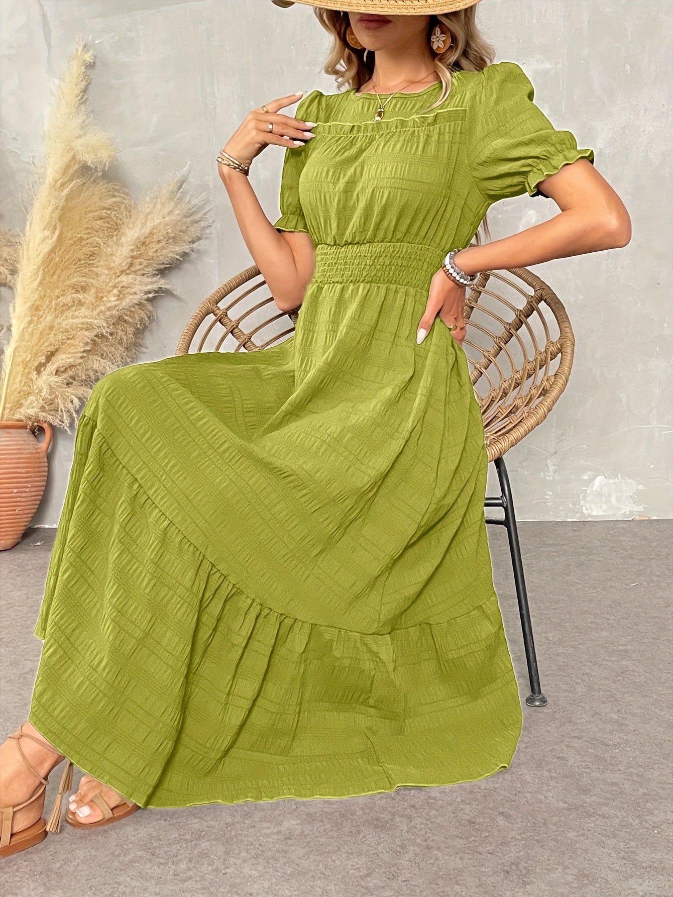 St. Patrick's Summer Round Neck Design Ruffle Sleeve Maxi Dress