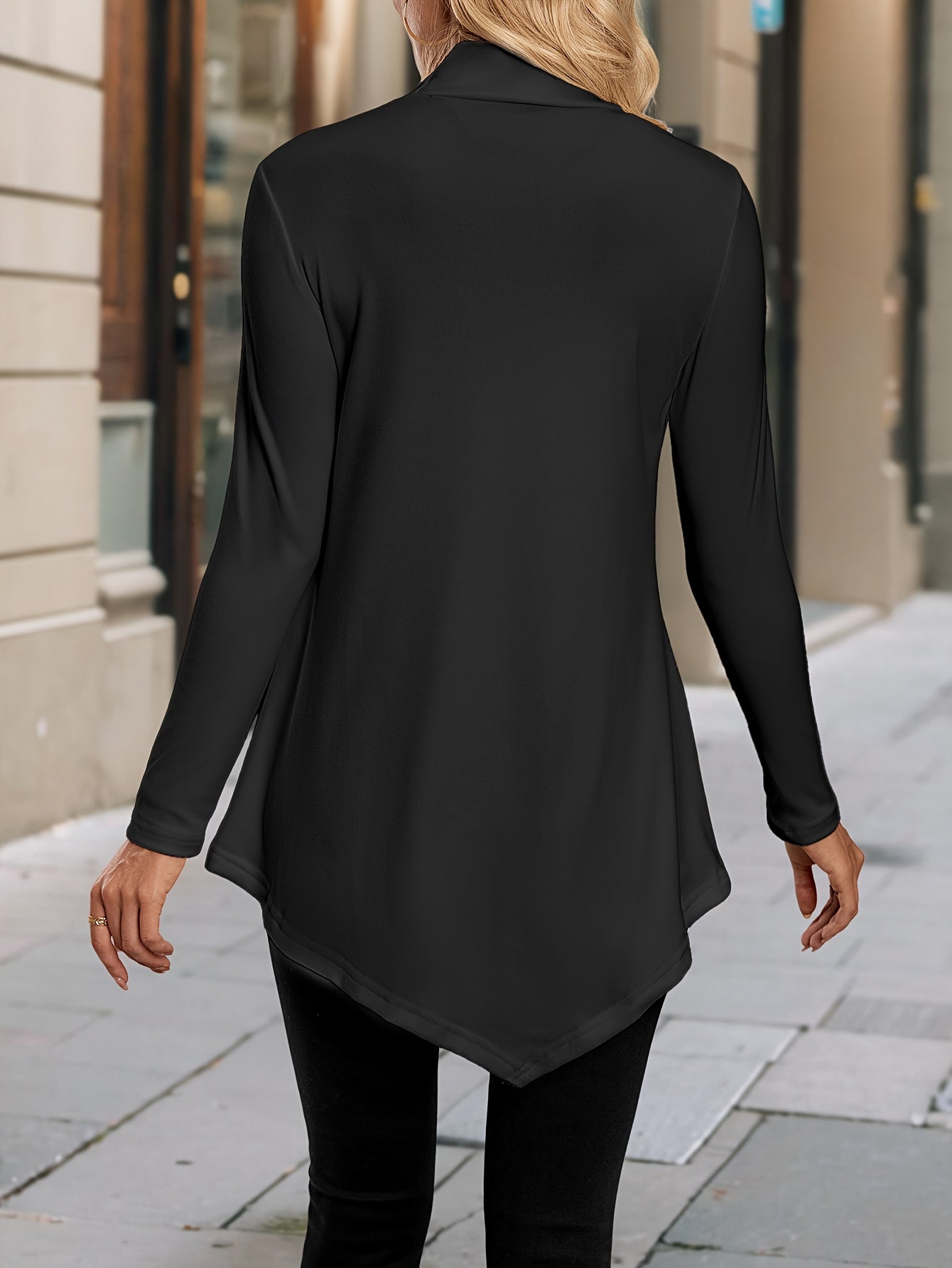 Women's High-Neck Asymmetrical Hem Long Sleeve Top - Stretchy Solid Color Casual Chic Shirt, All-Season Machine Washable & Dry Cleanable, Everyday Fashion, Highneck Design, Stretchy Fabric