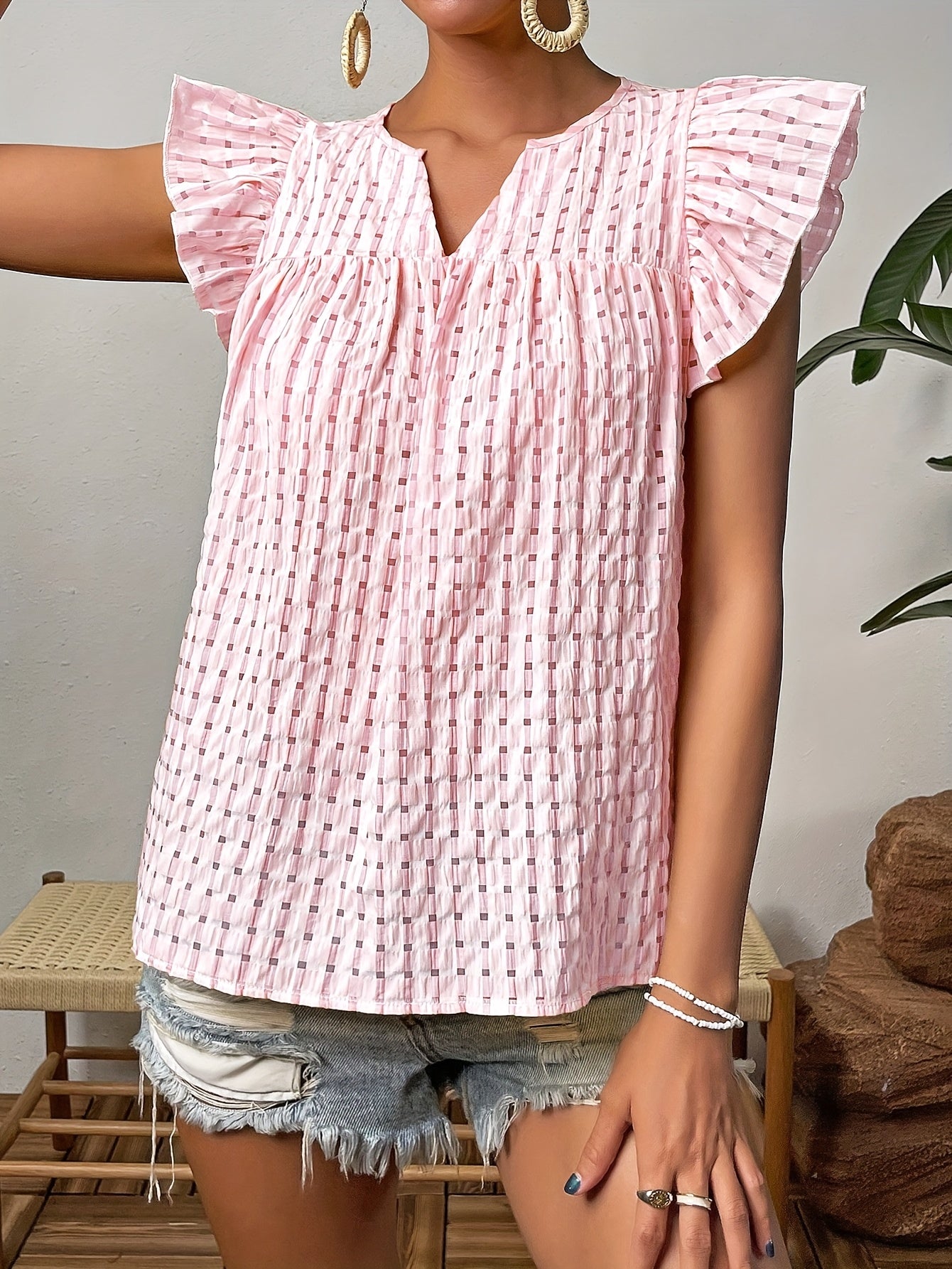 Elegant French-Inspired V-Neck Blouse with Ruched Detail - Sleeveless, Button-Up Top for Women, Light Pink, Perfect for Spring\u002FSummer Casual Wear, Casual Summer Wear | Ruched Texture Top | Buttonup Top, Ladies Blouses